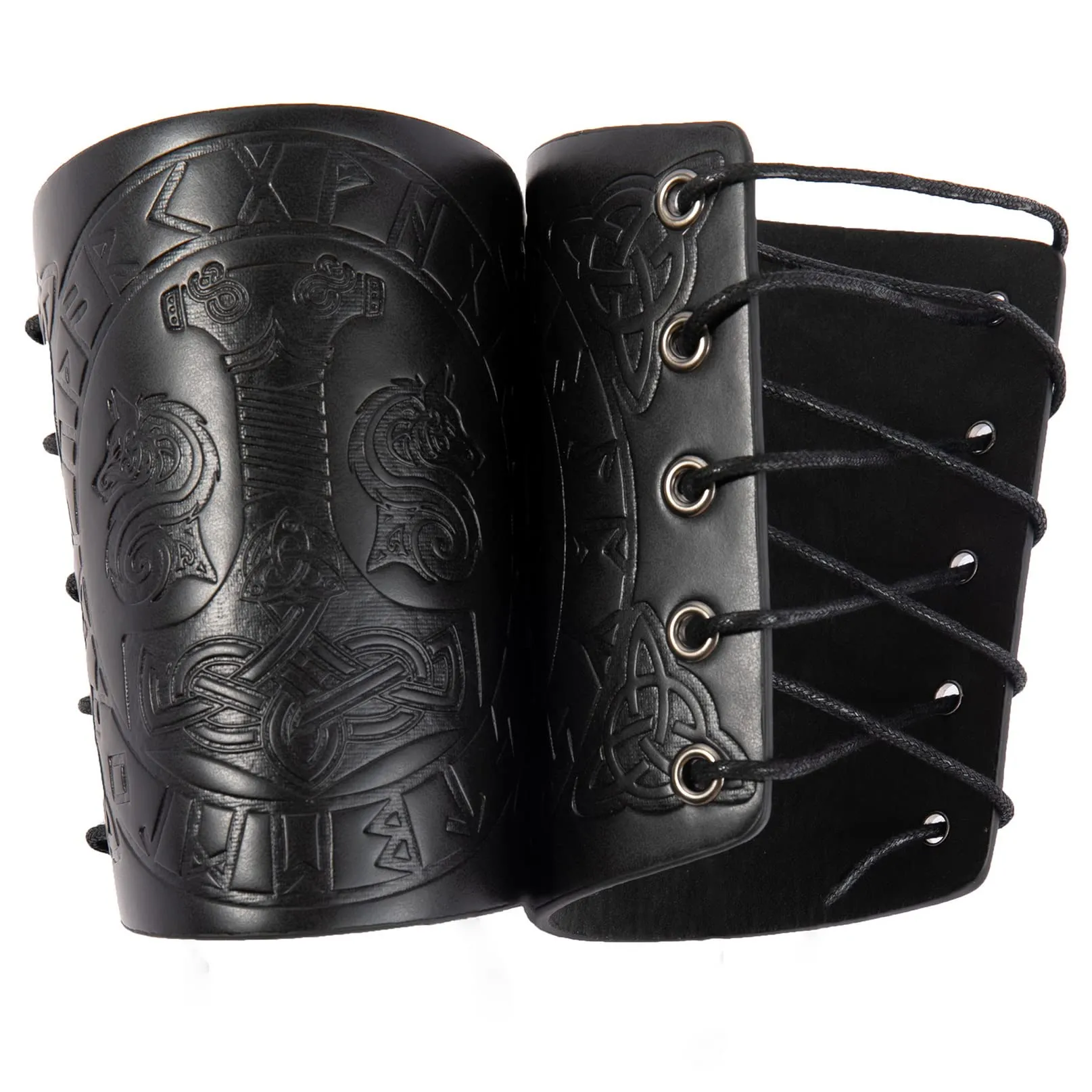 Bracciali vichinghi, Polsini con armatura in pelle Martello di Thor Guanti da braccio norreno goffrati Bracciale da polso medievale LARP Tiro con l'arco Accessori per costumi da vichingo (Nero) - immagine 2
