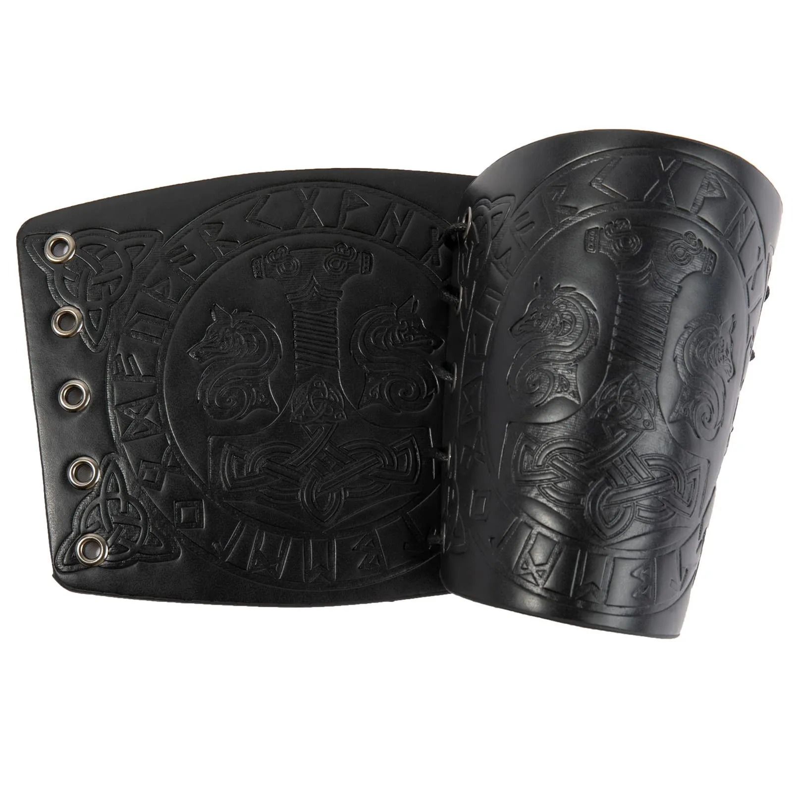 Bracciali vichinghi, Polsini con armatura in pelle Martello di Thor Guanti da braccio norreno goffrati Bracciale da polso medievale LARP Tiro con l'arco Accessori per costumi da vichingo (Nero) - immagine 4