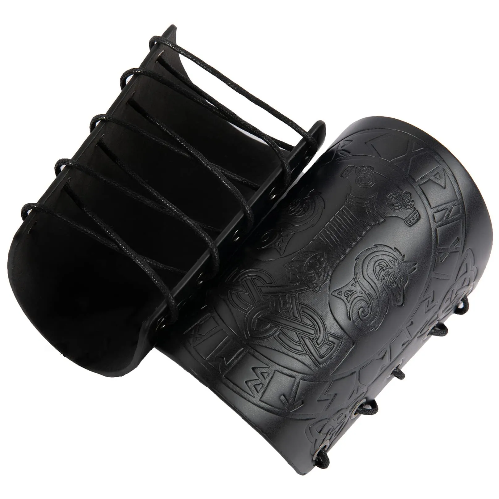 Bracciali vichinghi, Polsini con armatura in pelle Martello di Thor Guanti da braccio norreno goffrati Bracciale da polso medievale LARP Tiro con l'arco Accessori per costumi da vichingo (Nero) - immagine 5