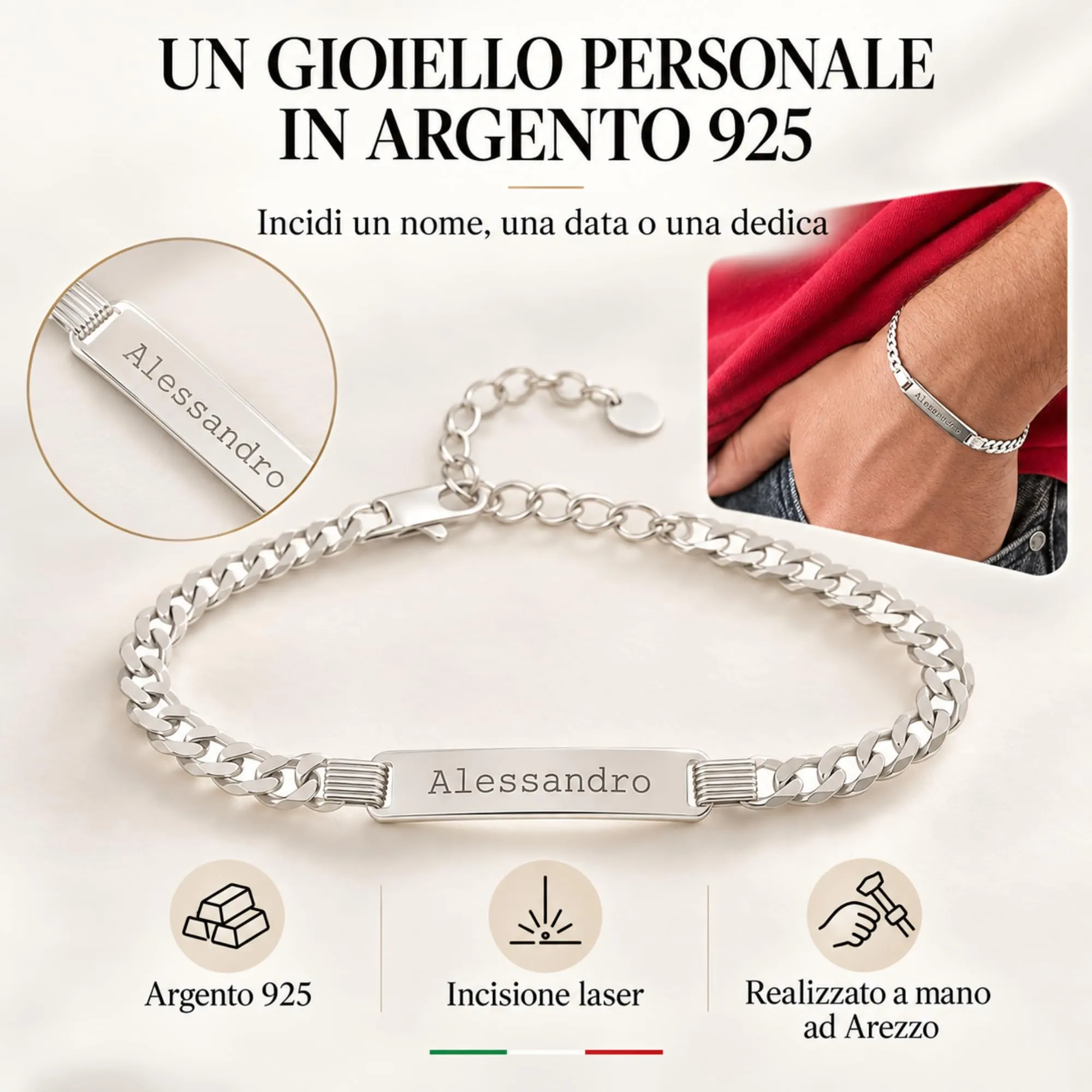 Giuzi Bracciale Uomo Personalizzato Argento 925 con Incisione Fronte Retro - immagine 2