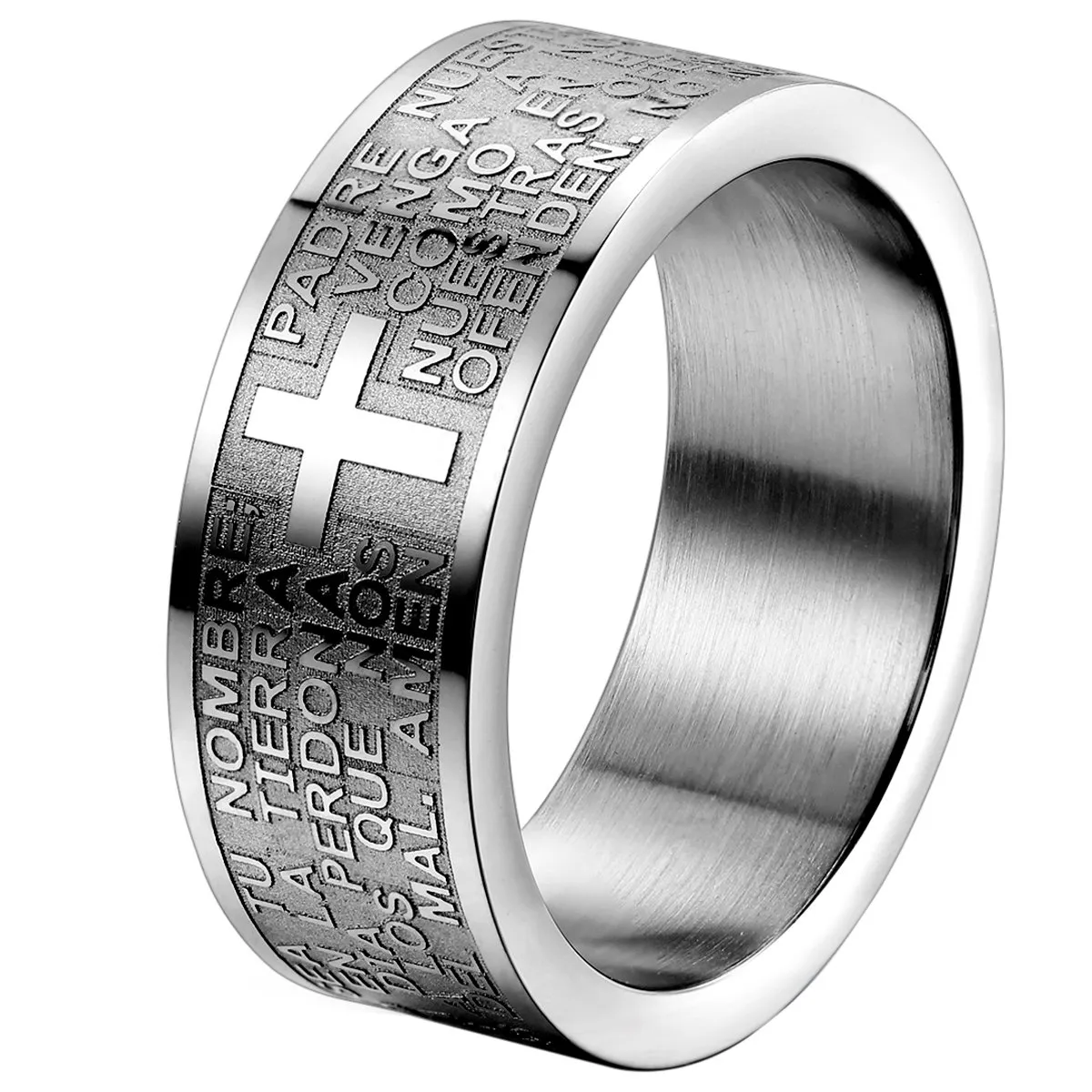 OIDEA Anello Acciaio Inossidabile Uomo Donna Croce Bibbia(Spagnolo) Argento promessa Misura 16 - immagine 1