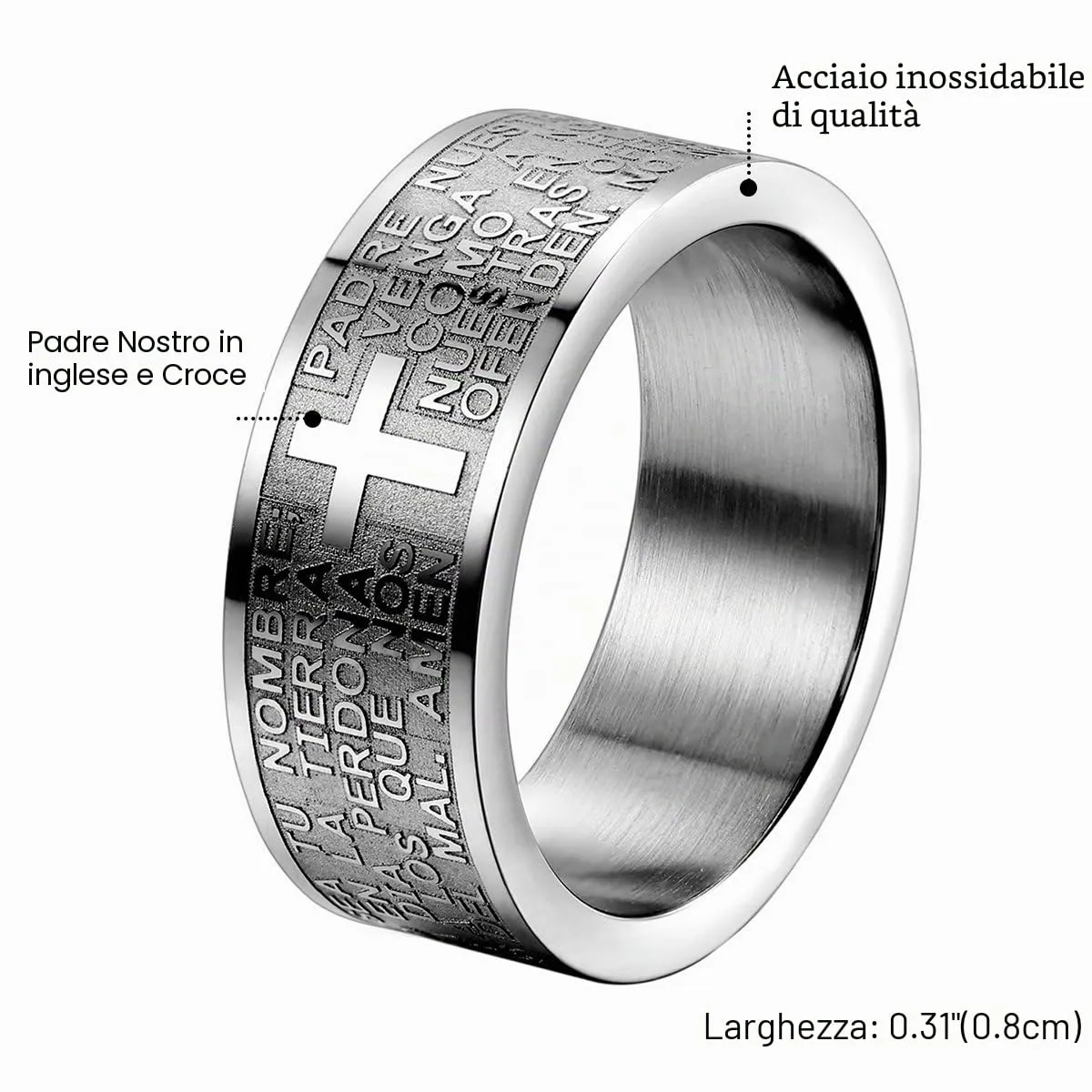 OIDEA Anello Acciaio Inossidabile Uomo Donna Croce Bibbia(Spagnolo) Argento promessa Misura 16 - immagine 2