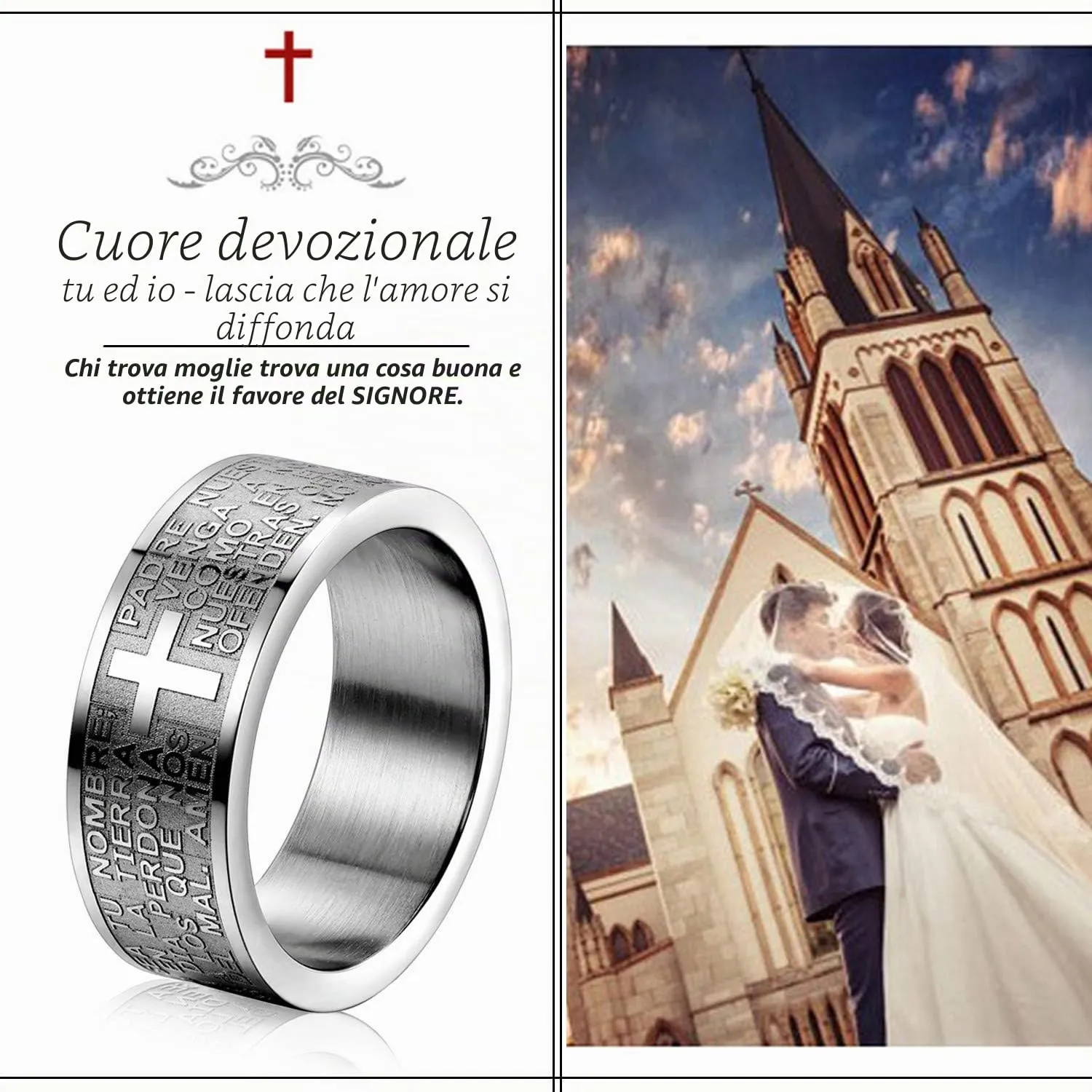 OIDEA Anello Acciaio Inossidabile Uomo Donna Croce Bibbia(Spagnolo) Argento promessa Misura 23 - immagine 9