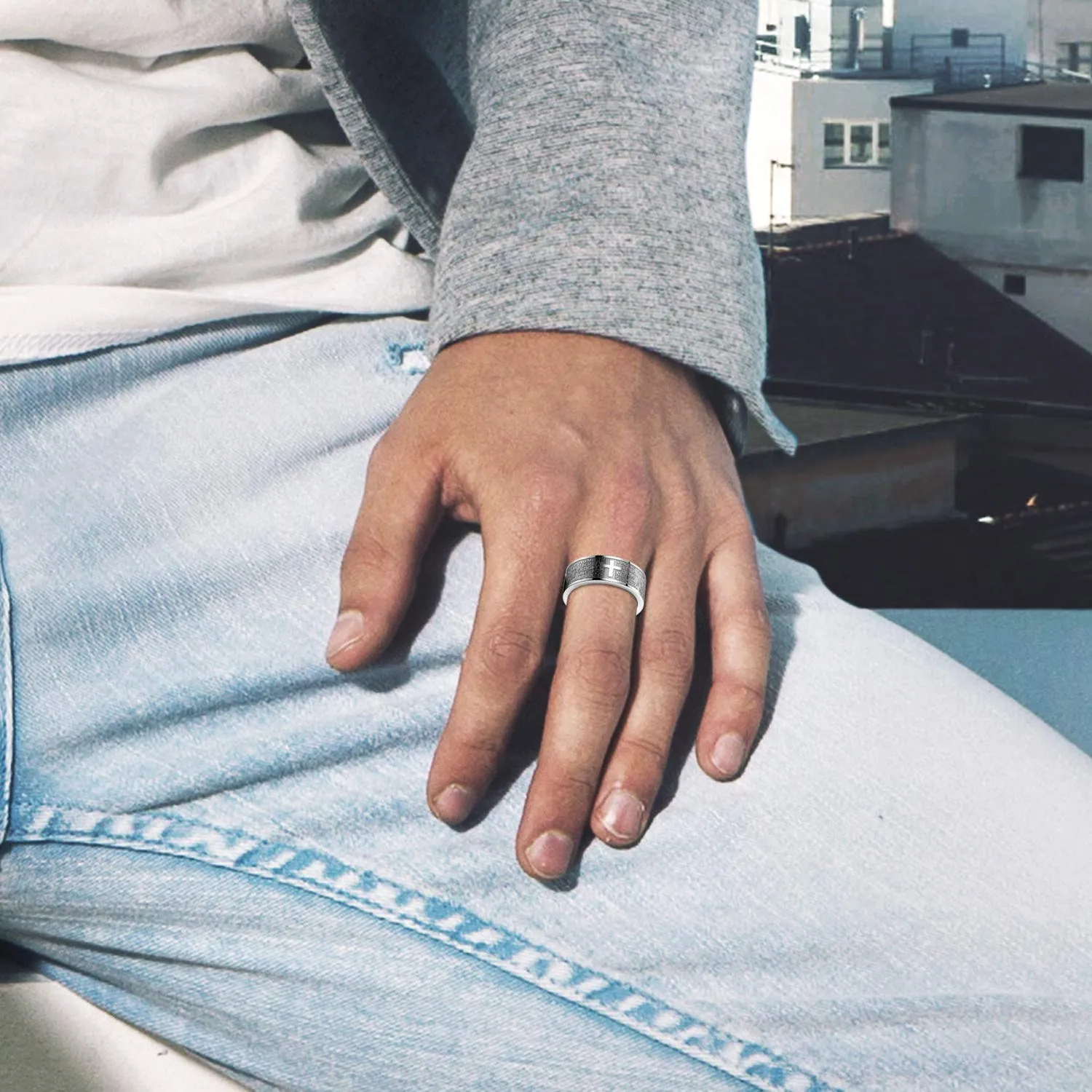 OIDEA Anello Acciaio Inossidabile Uomo Donna Croce Bibbia(Spagnolo) Argento promessa Misura 21 - immagine 8