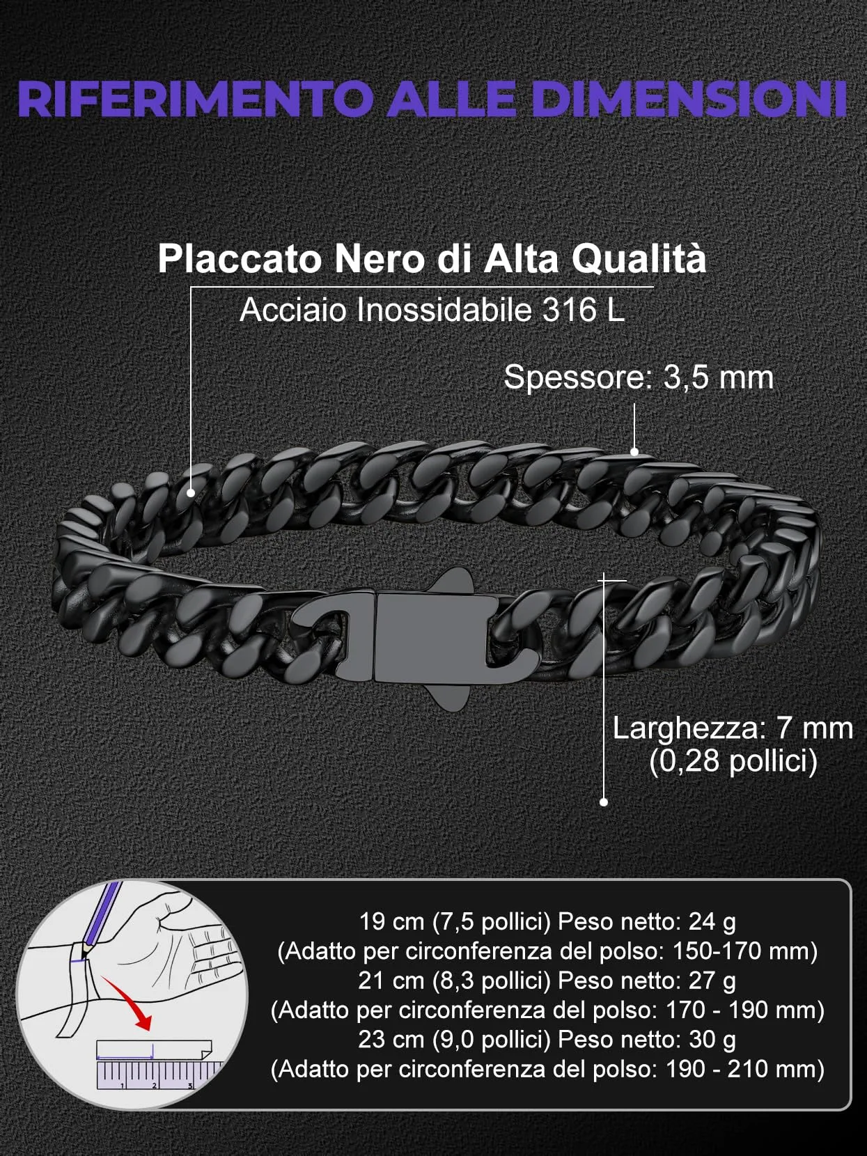 Richsteel Braccialetto a catena a maglie cubane di qualità Miami per uomini e donne, in acciaio inox, larghezza 5/7/9/12 mm, confezione regalo - immagine 4