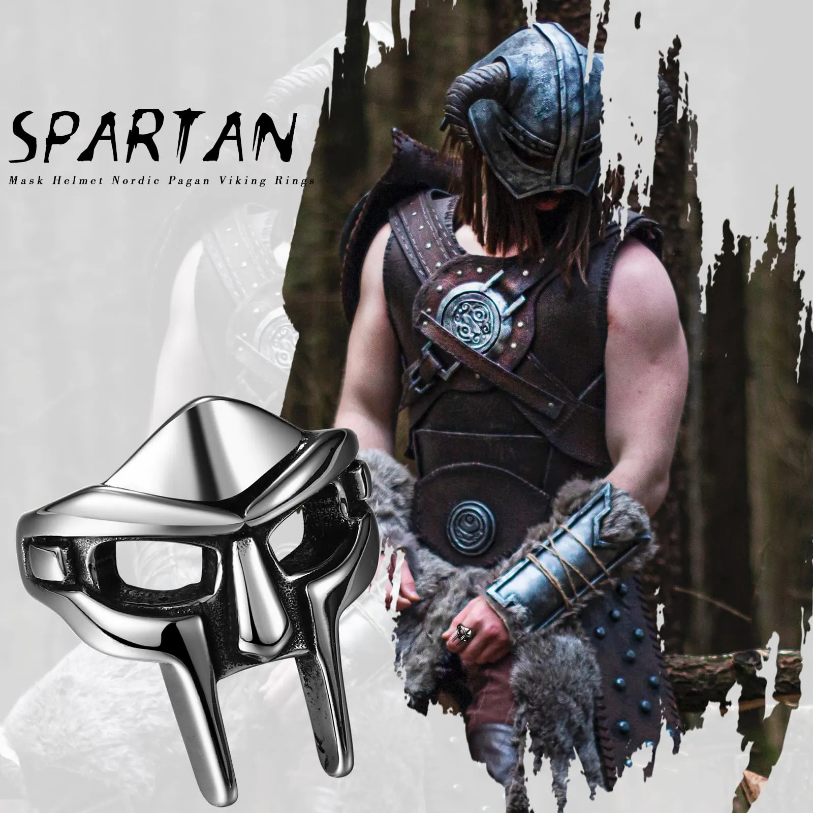 OIDEA Anello Uomo Maschera Spartana in Acciaio, Viking Largo 30 mm - immagine 6