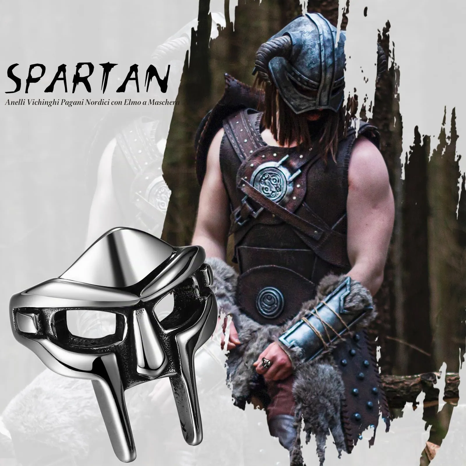 OIDEA Anello Uomo Maschera Spartana in Acciaio, Viking Largo 30 mm - immagine 6