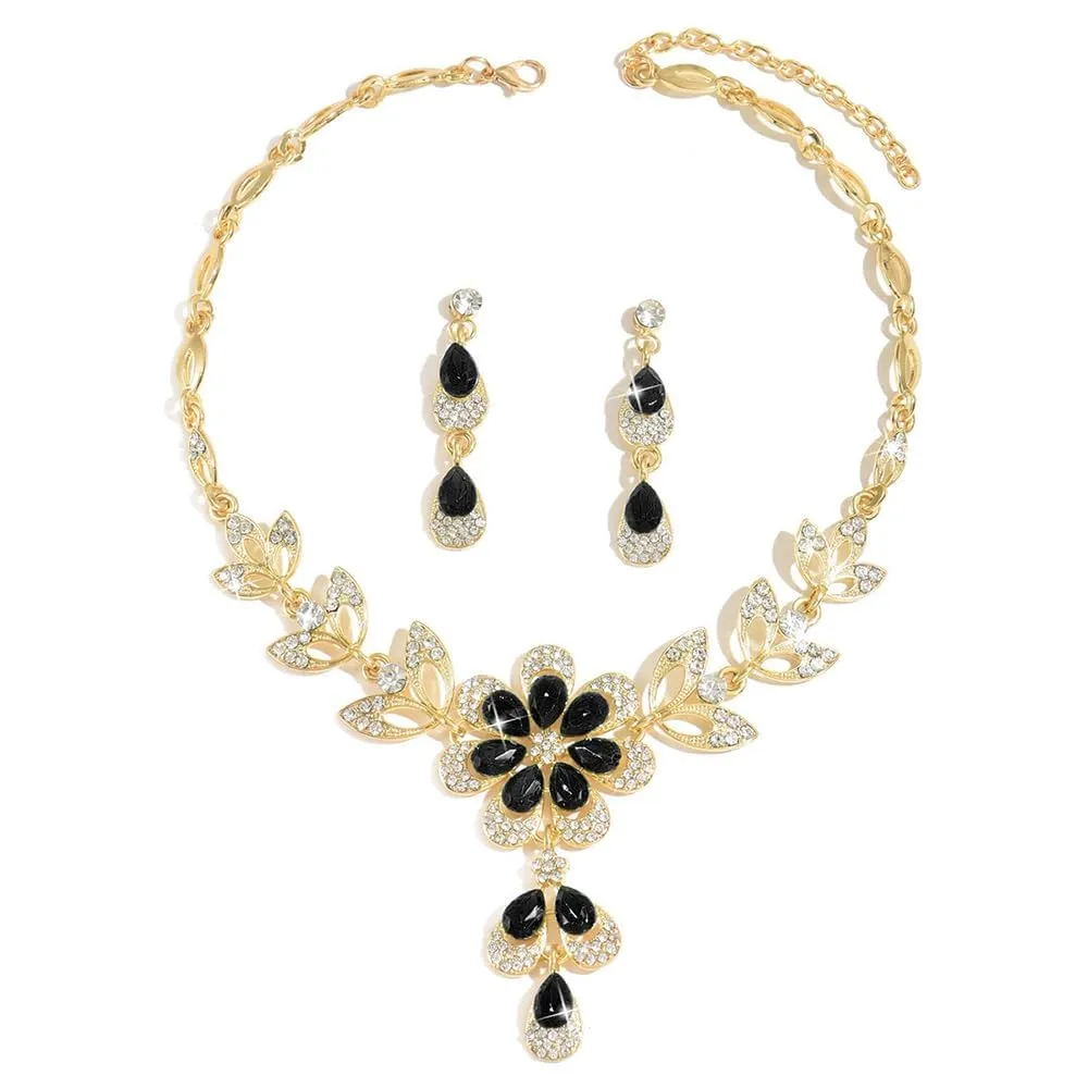 XFSRG 2 Pezzi Set Gioielli Donna Collana Orecchini Fiore Cristallo Brillante Elegante Parure Matrimonio Cerimonia Lusso (Nero) - immagine 1