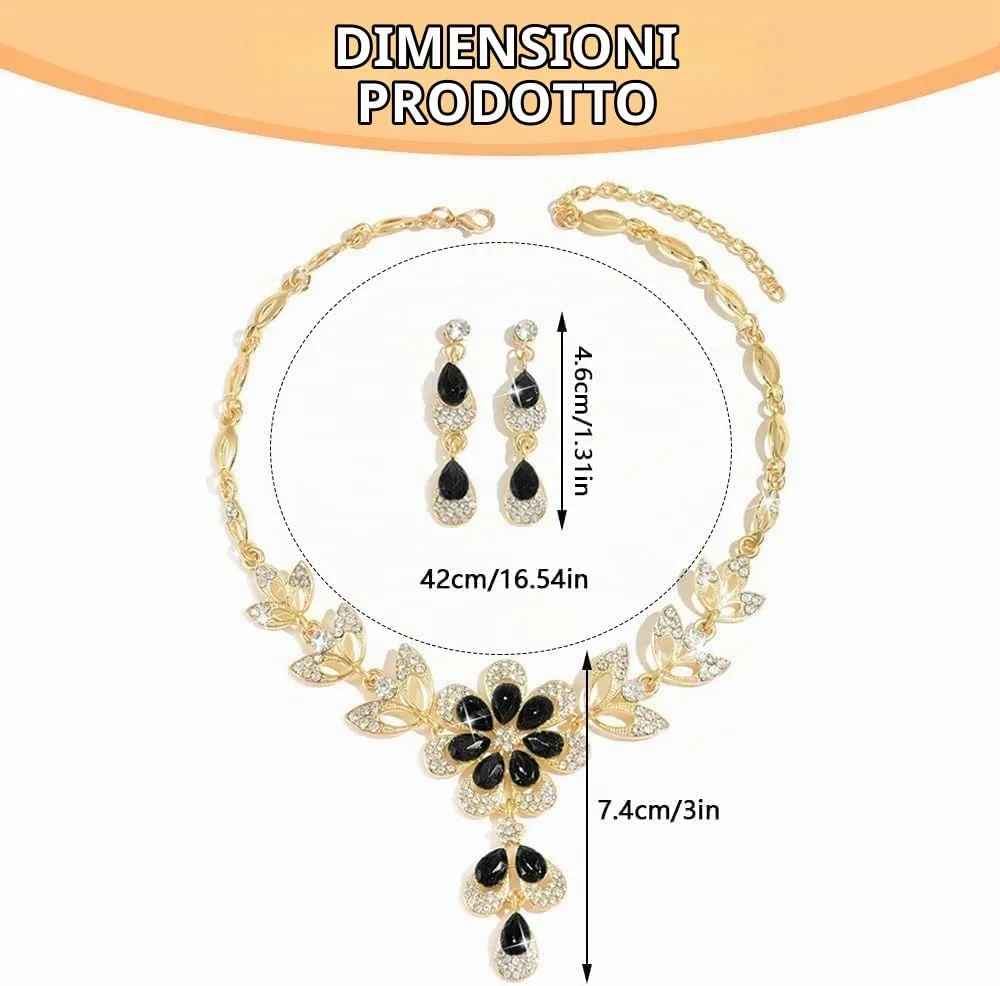 XFSRG 2 Pezzi Set Gioielli Donna Collana Orecchini Fiore Cristallo Brillante Elegante Parure Matrimonio Cerimonia Lusso (Nero) - immagine 2