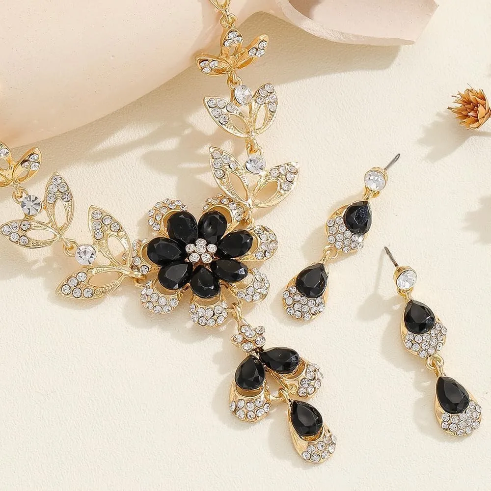 XFSRG 2 Pezzi Set Gioielli Donna Collana Orecchini Fiore Cristallo Brillante Elegante Parure Matrimonio Cerimonia Lusso (Nero) - immagine 3