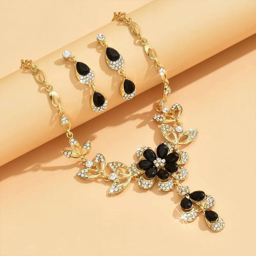 XFSRG 2 Pezzi Set Gioielli Donna Collana Orecchini Fiore Cristallo Brillante Elegante Parure Matrimonio Cerimonia Lusso (Nero) - immagine 4