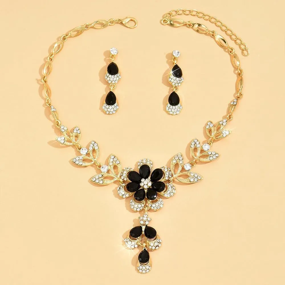 XFSRG 2 Pezzi Set Gioielli Donna Collana Orecchini Fiore Cristallo Brillante Elegante Parure Matrimonio Cerimonia Lusso (Nero) - immagine 5