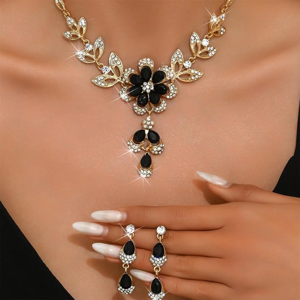 XFSRG 2 Pezzi Set Gioielli Donna Collana Orecchini Fiore Cristallo Brillante Elegante Parure Matrimonio Cerimonia Lusso (Nero) - immagine 6