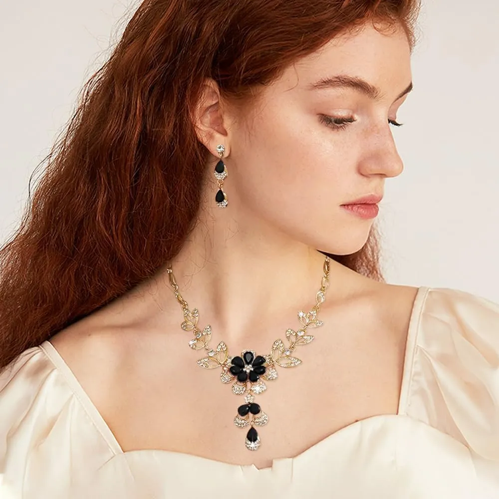 XFSRG 2 Pezzi Set Gioielli Donna Collana Orecchini Fiore Cristallo Brillante Elegante Parure Matrimonio Cerimonia Lusso (Nero) - immagine 7