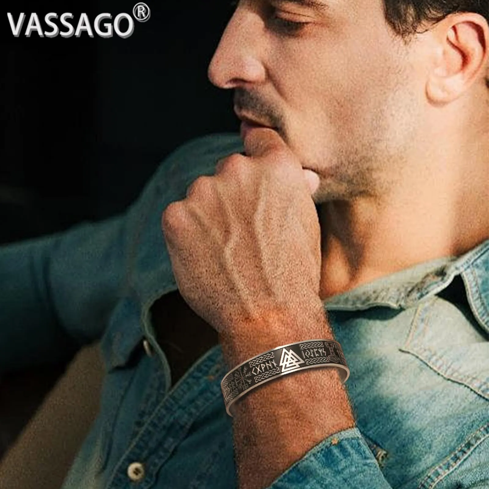 VASSAGO Bracciale Vichingo per Uomini dFonne Rune Norrene Mjolnir Vegvisir Bussola Triskele Valknut elmo di Soggezione Nodo Celtico Triquetra Amuleto Bracciale Bbangle Gioielli (Bracciale Viking-S) - immagine 2
