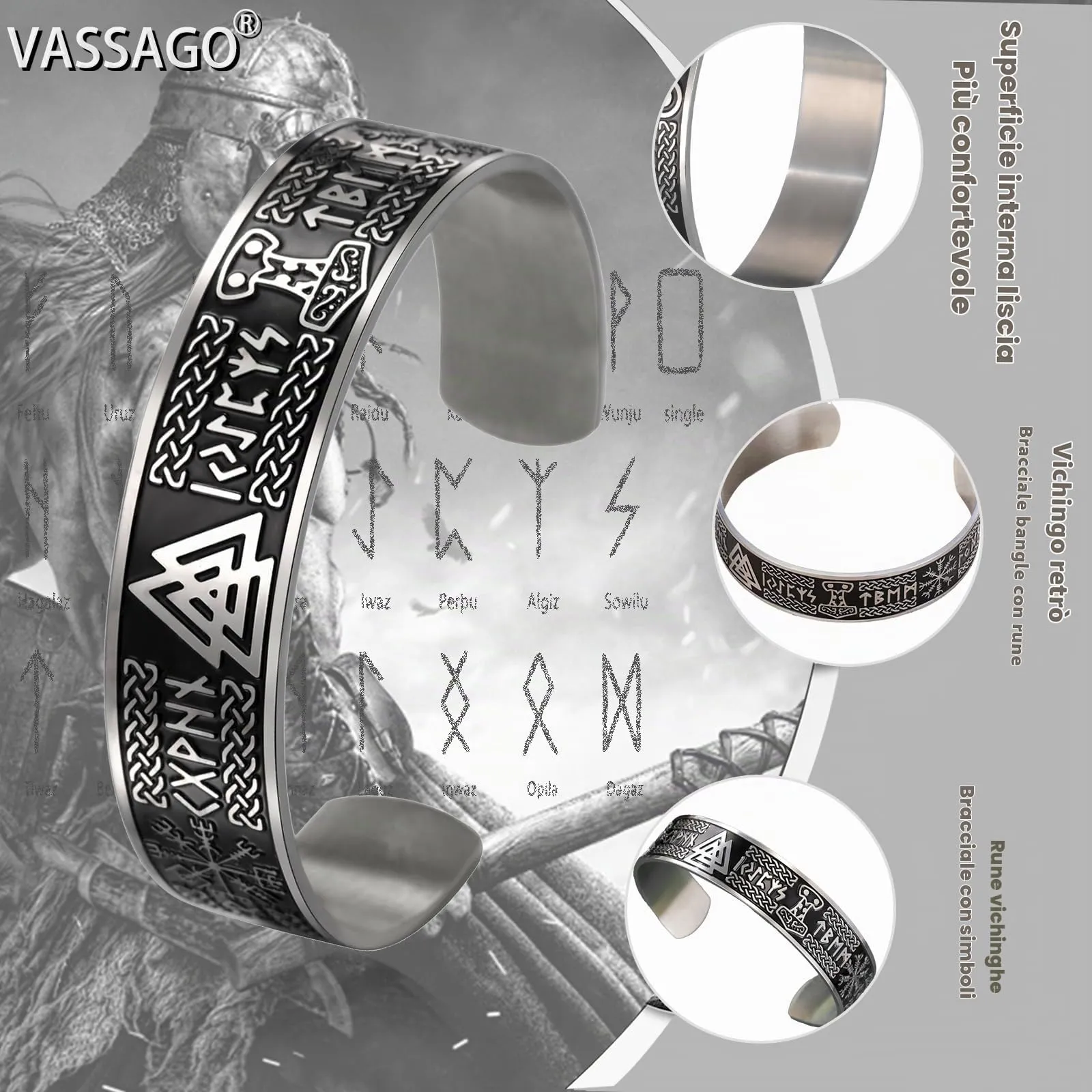 VASSAGO Bracciale Vichingo per Uomini dFonne Rune Norrene Mjolnir Vegvisir Bussola Triskele Valknut elmo di Soggezione Nodo Celtico Triquetra Amuleto Bracciale Bbangle Gioielli (Bracciale Viking-S) - immagine 3