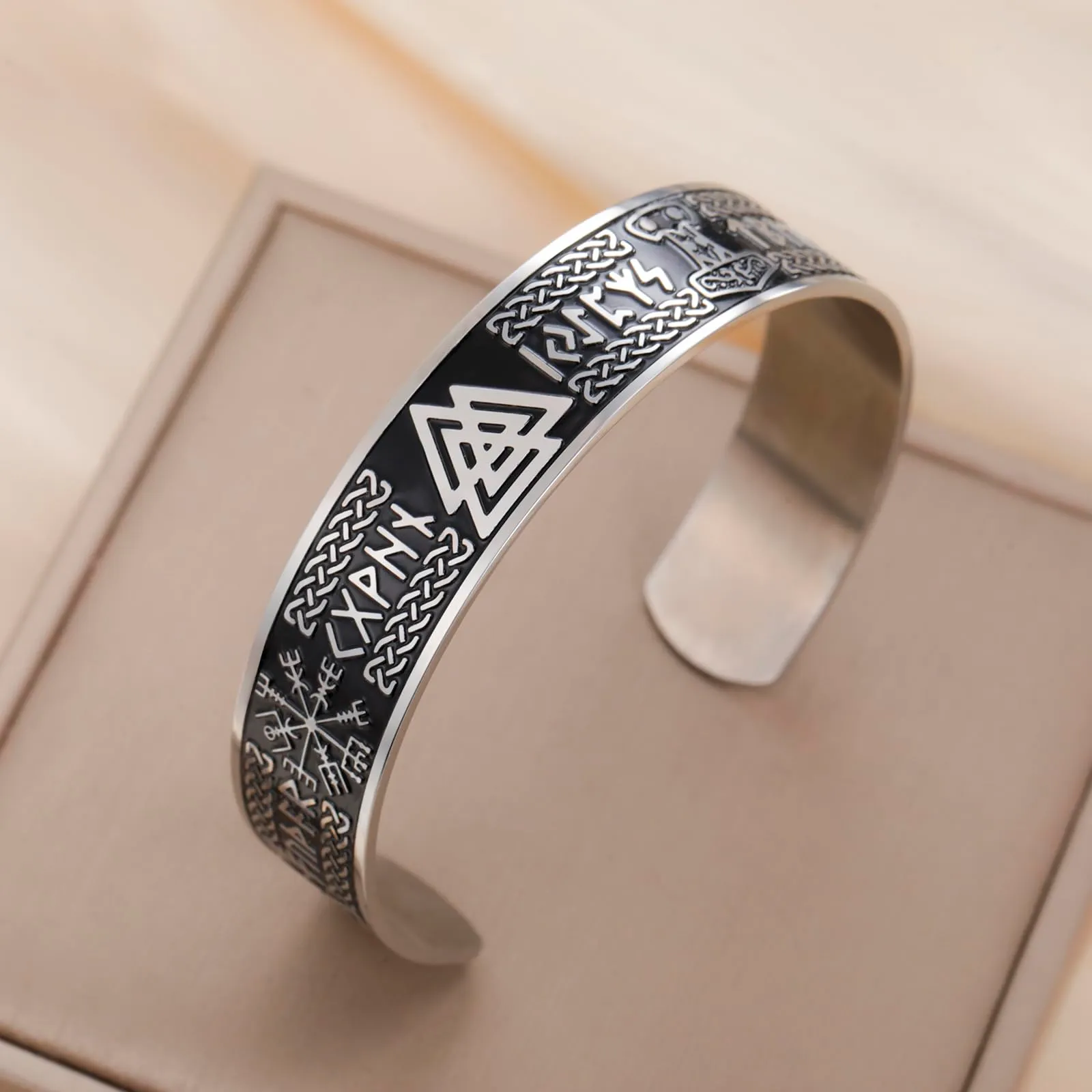 VASSAGO Bracciale Vichingo per Uomini dFonne Rune Norrene Mjolnir Vegvisir Bussola Triskele Valknut elmo di Soggezione Nodo Celtico Triquetra Amuleto Bracciale Bbangle Gioielli (Bracciale Viking-S) - immagine 5
