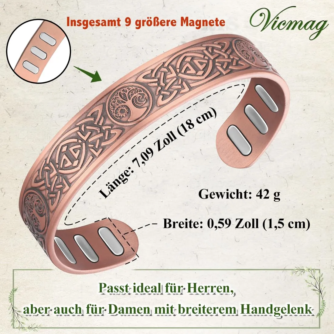 Vicmag Bracciale in rame con magneti da uomo, ultra rigido, magnetico, in rame, da uomo, 99,99% puro rame, misura regolabile, con confezione regalo - immagine 2