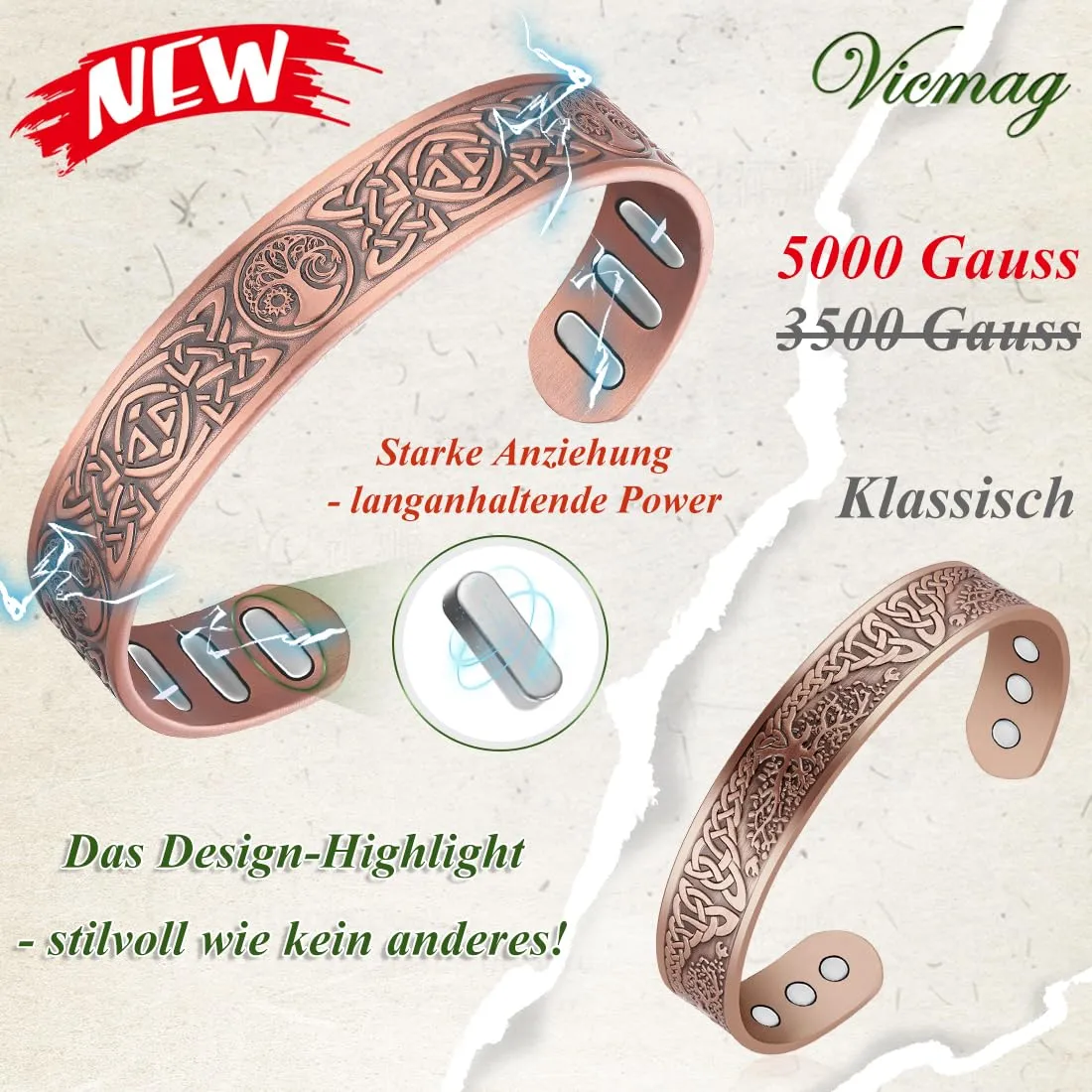 Vicmag Bracciale in rame con magneti da uomo, ultra rigido, magnetico, in rame, da uomo, 99,99% puro rame, misura regolabile, con confezione regalo - immagine 3