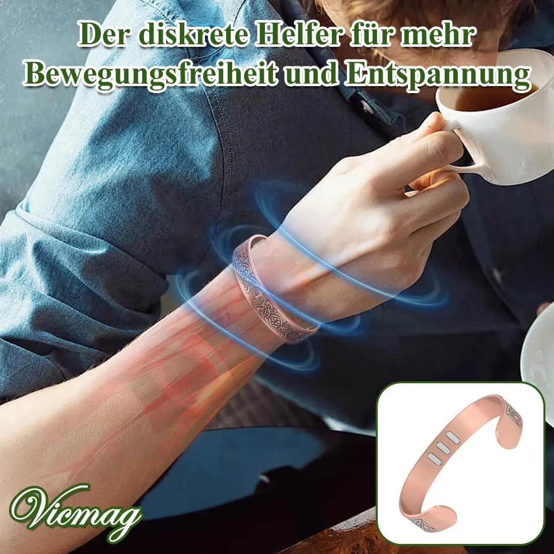 Vicmag Bracciale in rame con magneti da uomo, ultra rigido, magnetico, in rame, da uomo, 99,99% puro rame, misura regolabile, con confezione regalo - immagine 6