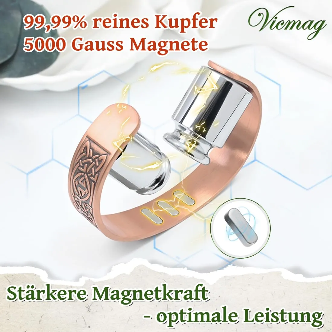 Vicmag Bracciale in rame con magneti da uomo, ultra rigido, magnetico, in rame, da uomo, 99,99% puro rame, misura regolabile, con confezione regalo - immagine 7