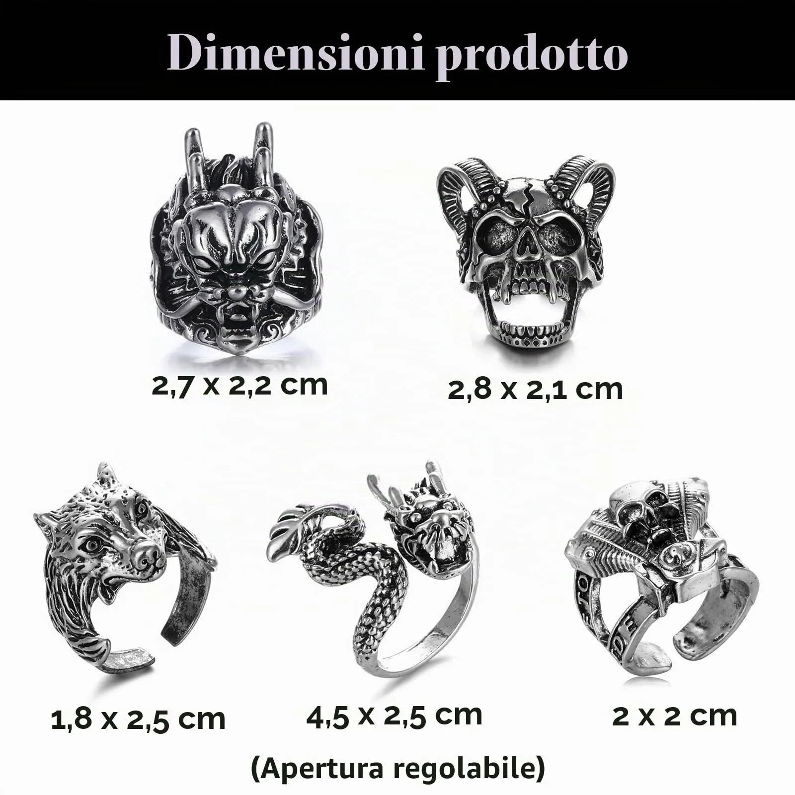QingWing 5 Pezzi Acciaio Inossidabile stile Gotico Regolabile Anello, Teschio da Uomo Ring, Forme di Animali, Halloween Biker Anello Gioielli Vintage in Acciaio Inossidabile per Festa Halloween - immagine 2