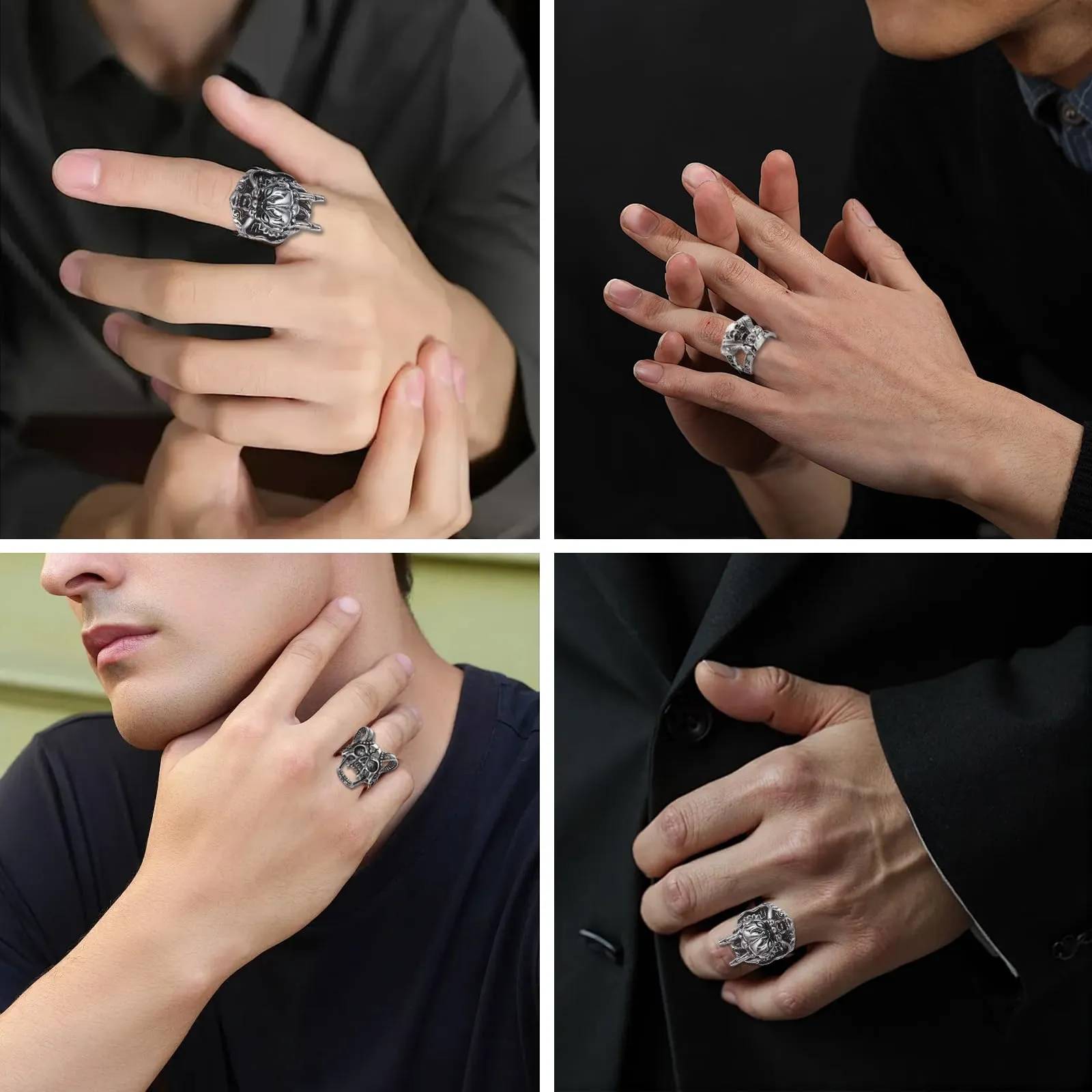 QingWing 5 Pezzi Acciaio Inossidabile stile Gotico Regolabile Anello, Teschio da Uomo Ring, Forme di Animali, Halloween Biker Anello Gioielli Vintage in Acciaio Inossidabile per Festa Halloween - immagine 3