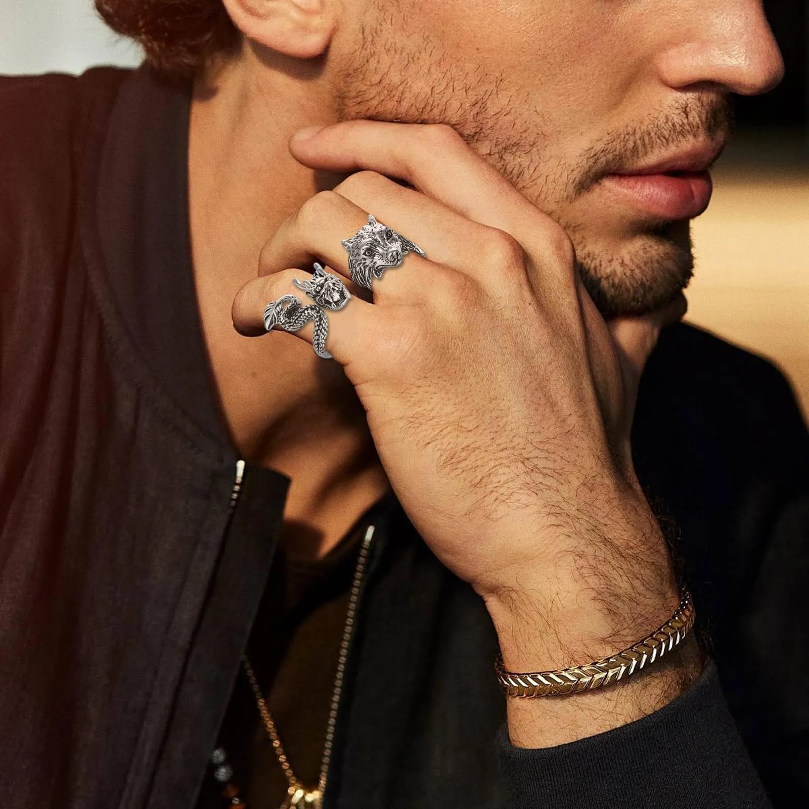 QingWing 5 Pezzi Acciaio Inossidabile stile Gotico Regolabile Anello, Teschio da Uomo Ring, Forme di Animali, Halloween Biker Anello Gioielli Vintage in Acciaio Inossidabile per Festa Halloween - immagine 4