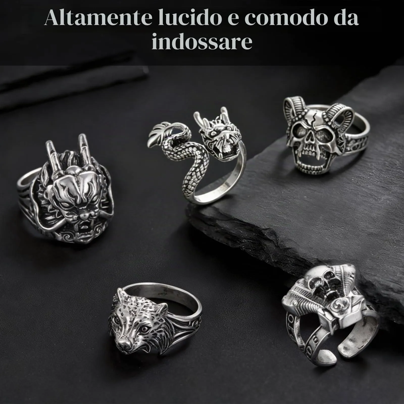 QingWing 5 Pezzi Acciaio Inossidabile stile Gotico Regolabile Anello, Teschio da Uomo Ring, Forme di Animali, Halloween Biker Anello Gioielli Vintage in Acciaio Inossidabile per Festa Halloween - immagine 5