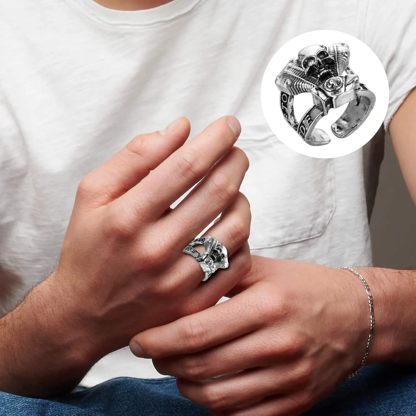 QingWing 5 Pezzi Acciaio Inossidabile stile Gotico Regolabile Anello, Teschio da Uomo Ring, Forme di Animali, Halloween Biker Anello Gioielli Vintage in Acciaio Inossidabile per Festa Halloween - immagine 6
