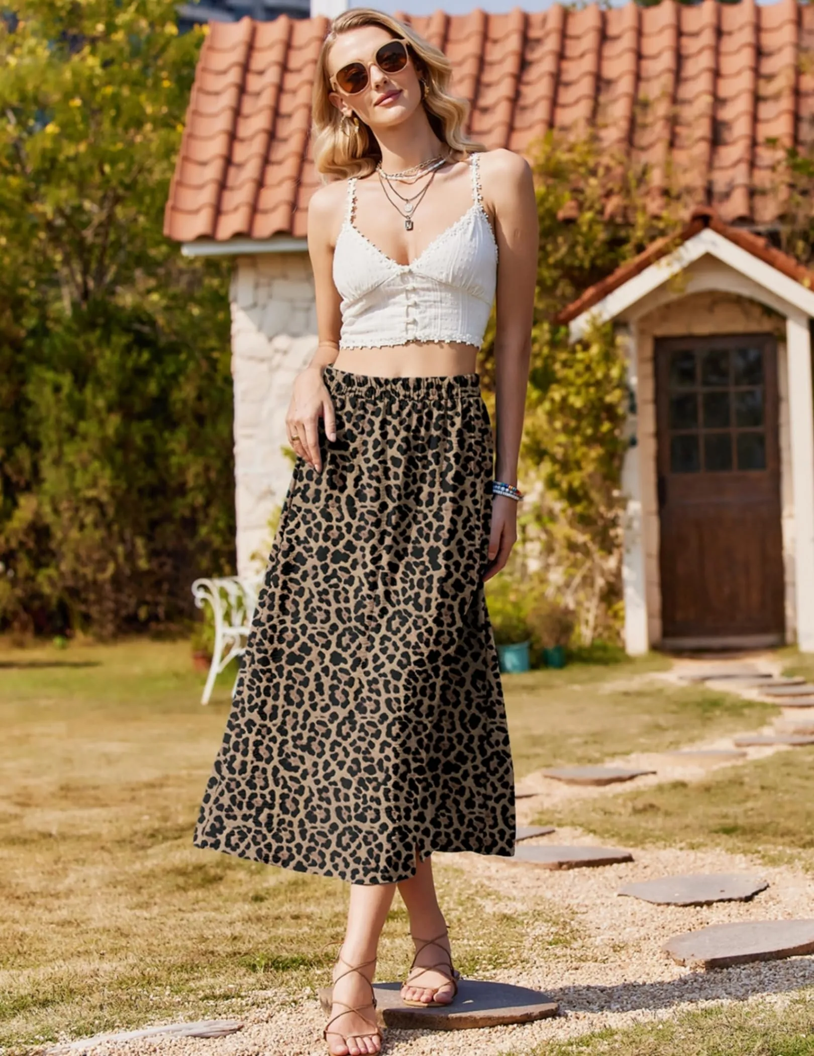 Zeagoo Gonne Lunga con Spacco Donna Estiva Leopard Gonna Elasticizzata Maxi Gonna Stampato Gonne da Spiaggia Eleganti Skirt Leopardata M - immagine 5