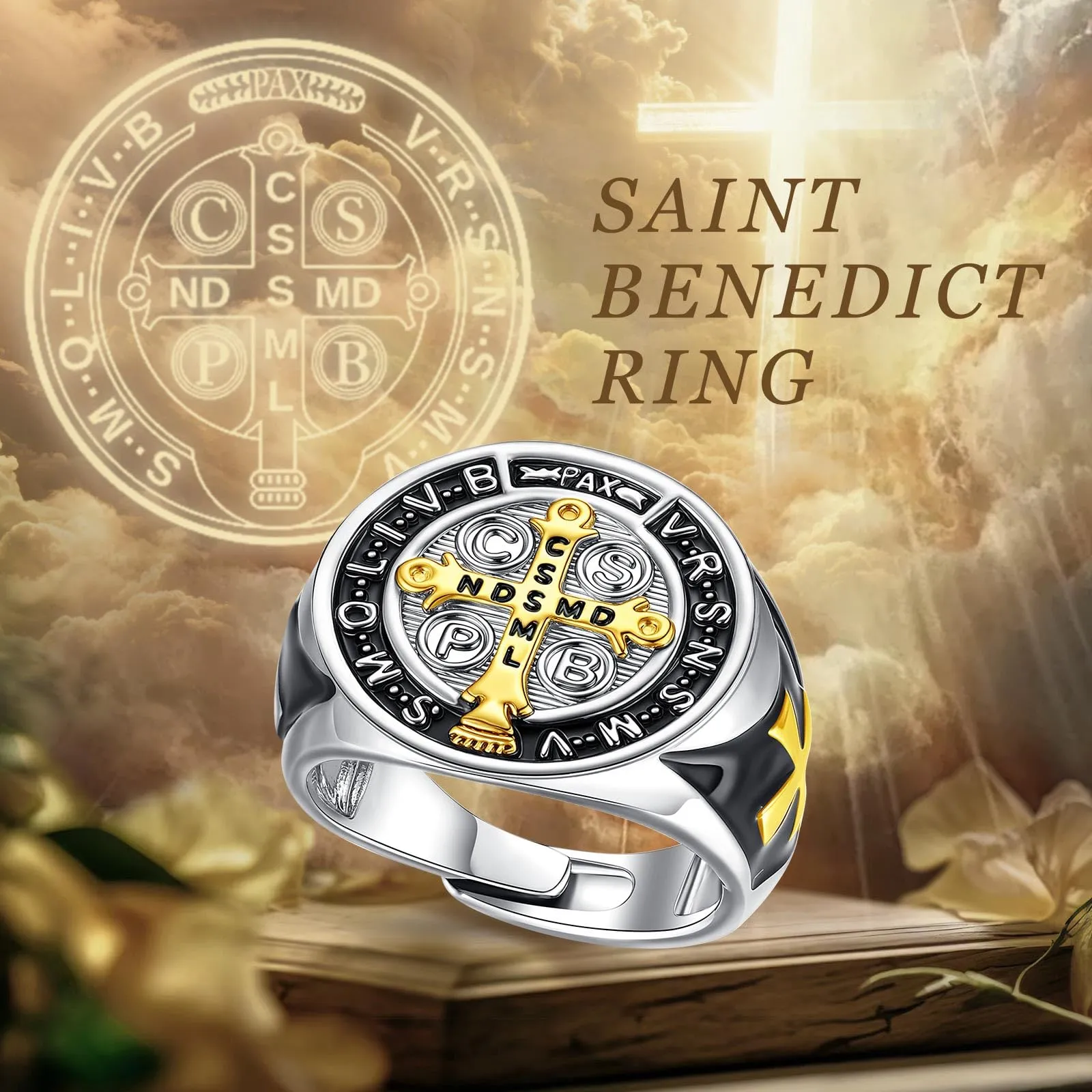 INFUSEU Anello San Benedetto Uomo Croce San Benedetto Medaglia Anello Religioso Cattolico Gioiello Cristiano Protettivo Medaglia Vintage Rame Regalo Fede - immagine 8