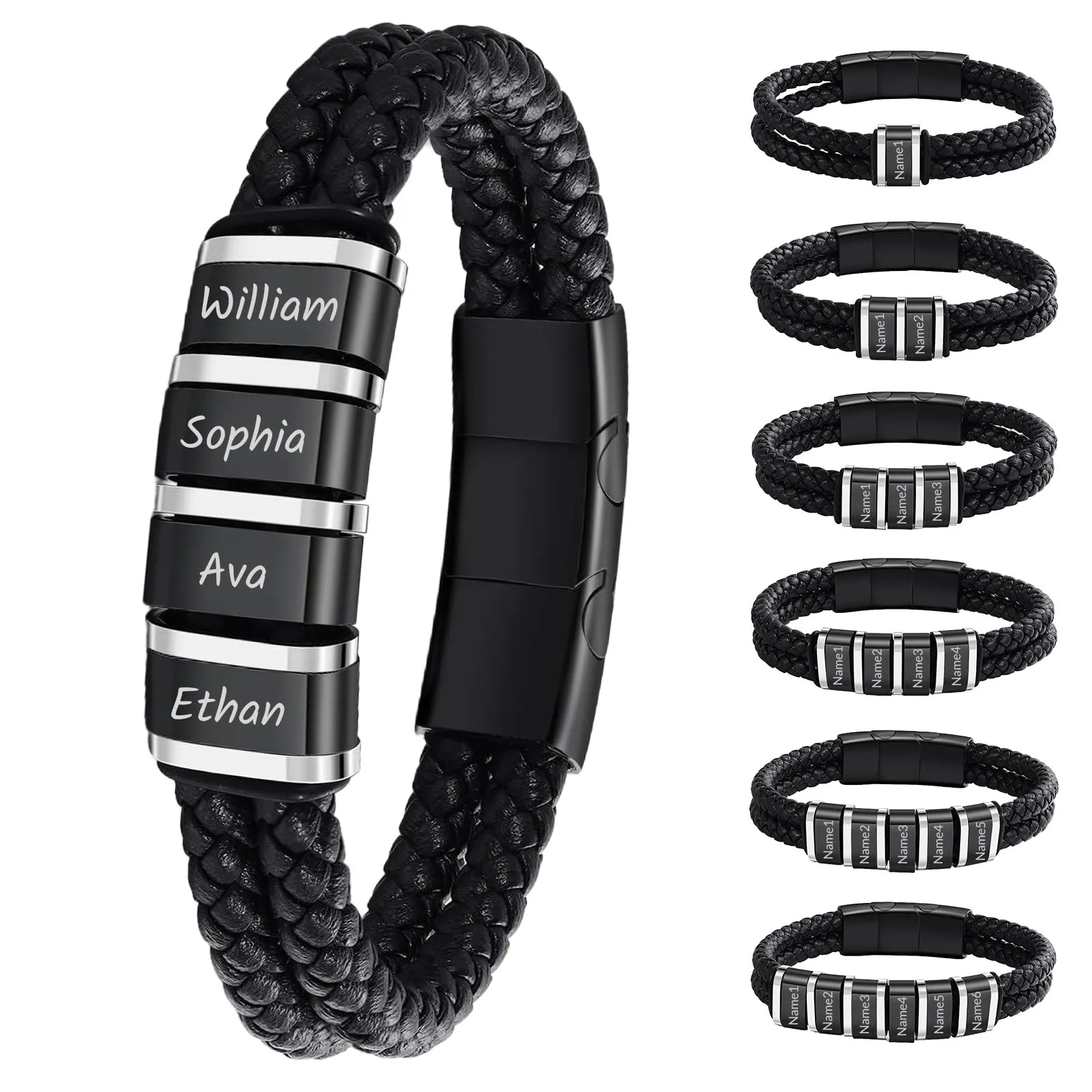 Bracciale In Pelle Personalizzato Con Nome Per Uomo, Bracciale In Pelle Custom Inciso Con 1 Fino A 6 Nomi, Per Natale San Valentino Festa Del Papà Anniversario Adatto Per Fidanzato E Nonno (Nero 2) - immagine 1