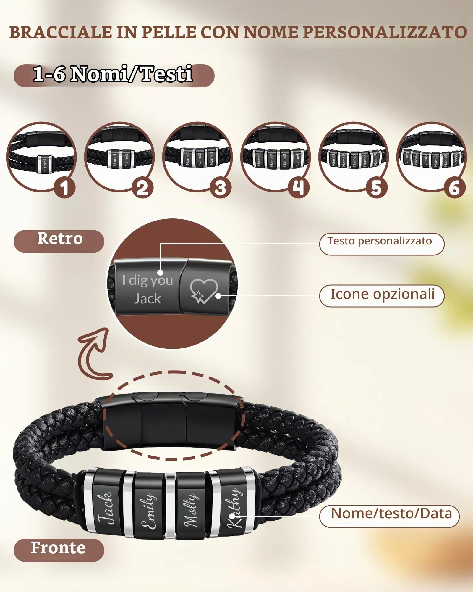 Bracciale In Pelle Personalizzato Con Nome Per Uomo, Bracciale In Pelle Custom Inciso Con 1 Fino A 6 Nomi, Per Natale San Valentino Festa Del Papà Anniversario Adatto Per Fidanzato E Nonno (Nero 2) - immagine 2
