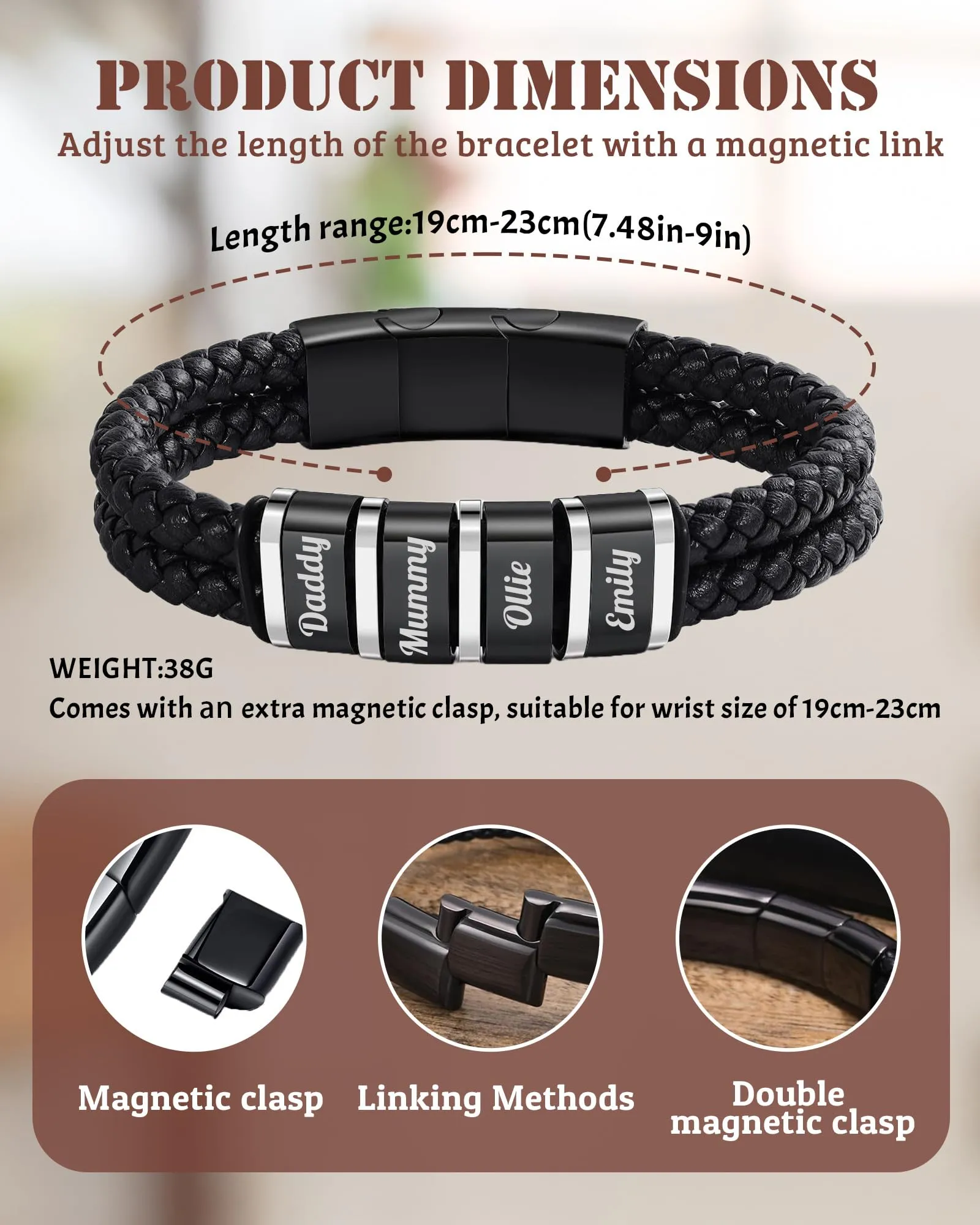 Bracciale In Pelle Personalizzato Con Nome Per Uomo, Bracciale In Pelle Custom Inciso Con 1 Fino A 6 Nomi, Per Natale San Valentino Festa Del Papà Anniversario Adatto Per Fidanzato E Nonno (Nero 2) - immagine 3