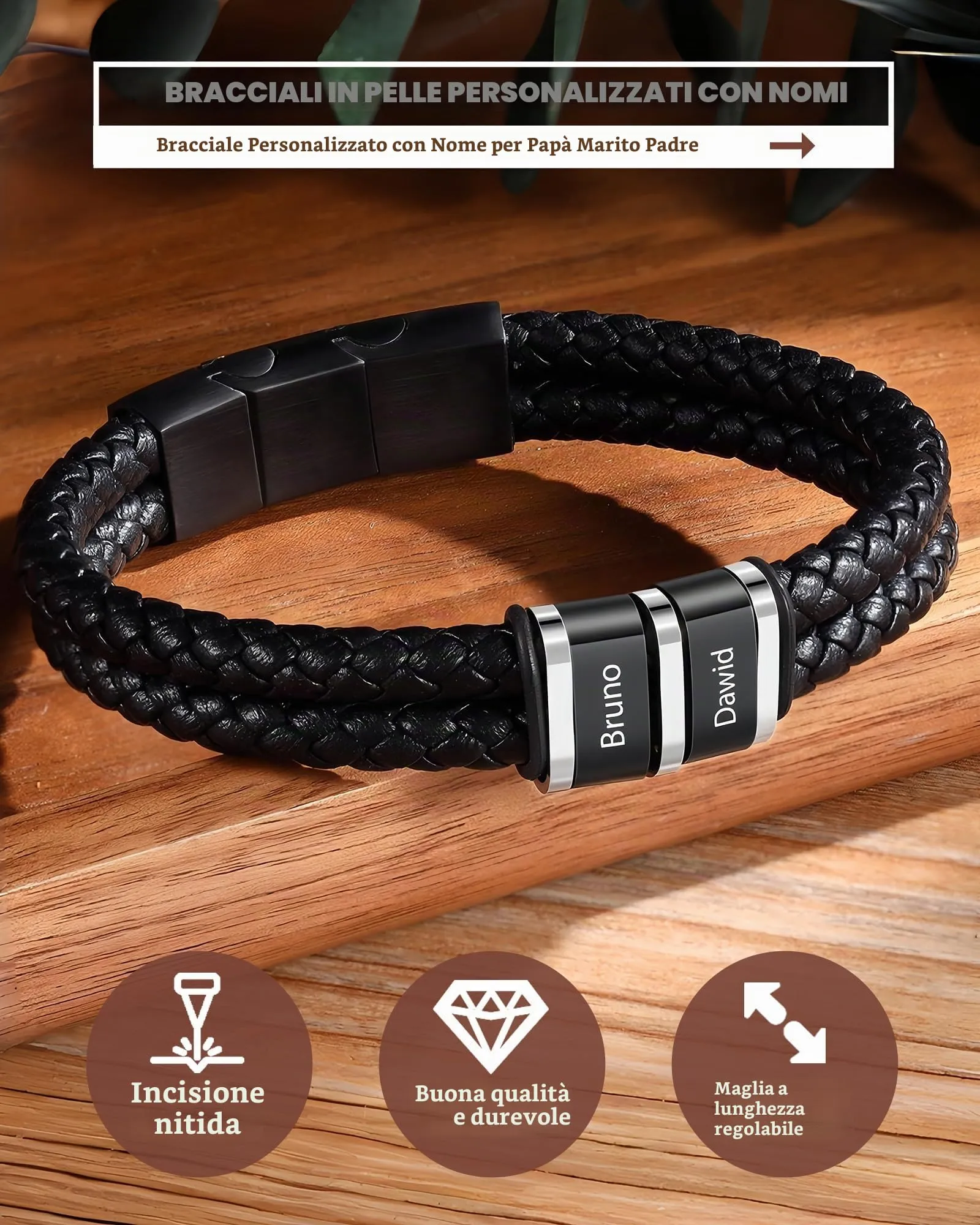Bracciale In Pelle Personalizzato Con Nome Per Uomo, Bracciale In Pelle Custom Inciso Con 1 Fino A 6 Nomi, Per Natale San Valentino Festa Del Papà Anniversario Adatto Per Fidanzato E Nonno (Nero 2) - immagine 4