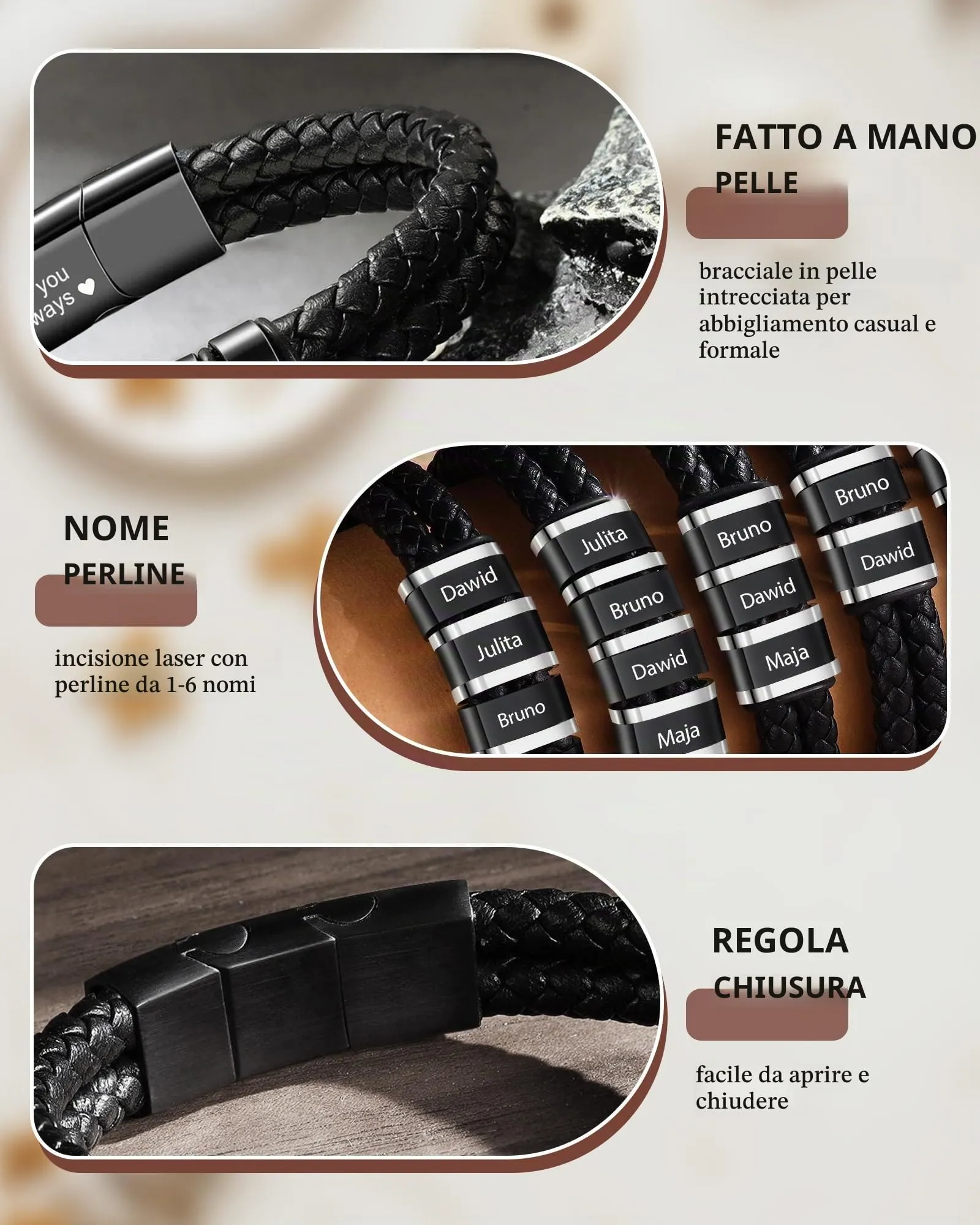 Bracciale In Pelle Personalizzato Con Nome Per Uomo, Bracciale In Pelle Custom Inciso Con 1 Fino A 6 Nomi, Per Natale San Valentino Festa Del Papà Anniversario Adatto Per Fidanzato E Nonno (Nero 2) - immagine 6