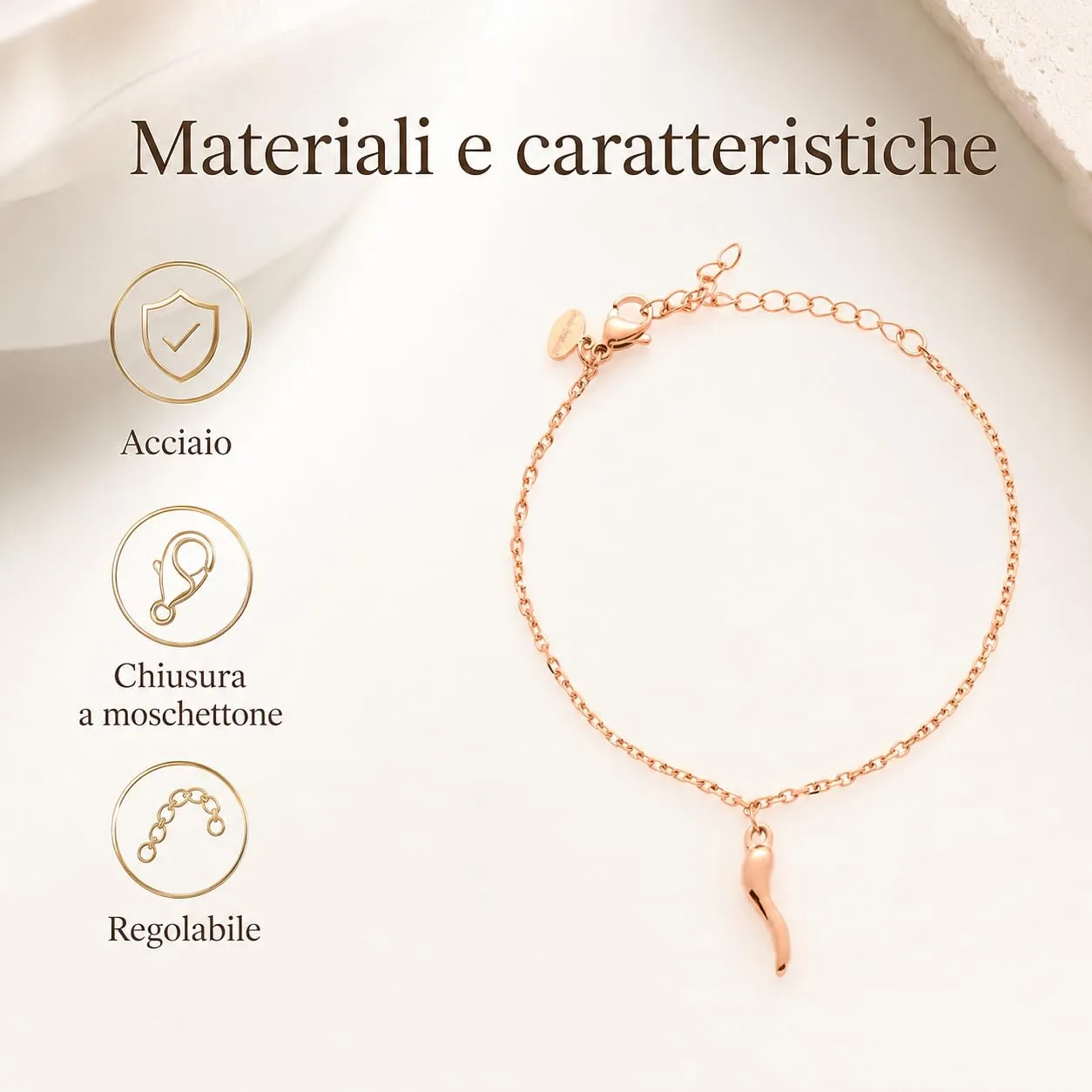 Louis Ciocchetti Bracciale in Acciaio con Corno Portafortuna – Bracciale Regolabile Uomo e Donna con Chiusura a Moschettone, Lunghezza 16 cm + 5 cm - immagine 6