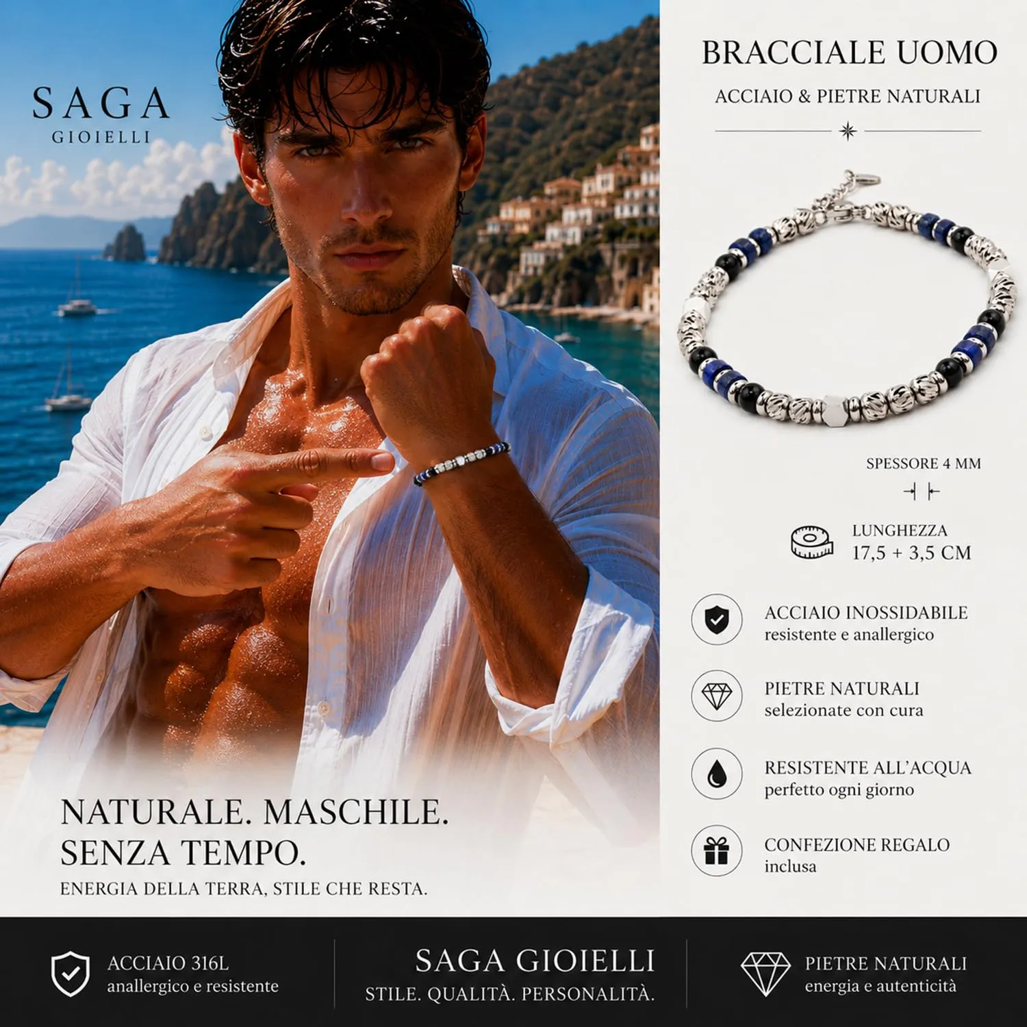 SAGA GIOIELLI Bracciale Uomo Acciaio Inossidabile con Pietre Naturali, Braccialetto Elegante Regolabile 17,5 + 3,5 cm, Idea Regalo Uomo (BLU OCEANO) - immagine 2