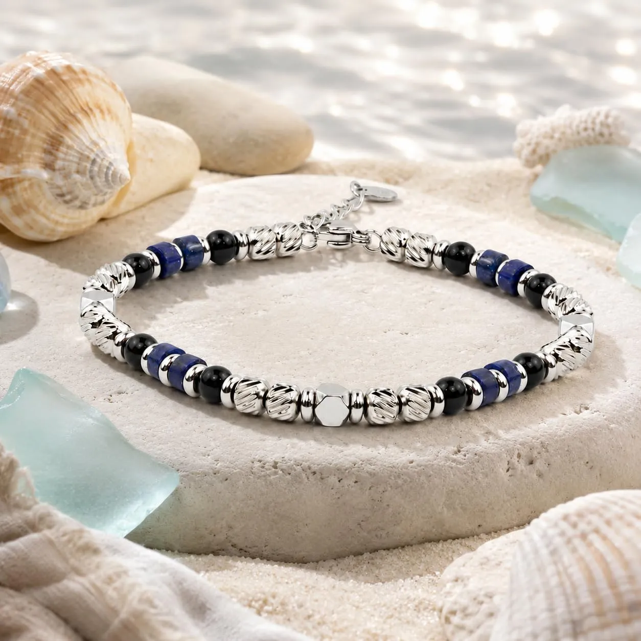 SAGA GIOIELLI Bracciale Uomo Acciaio Inossidabile con Pietre Naturali, Braccialetto Elegante Regolabile 17,5 + 3,5 cm, Idea Regalo Uomo (BLU OCEANO) - immagine 3