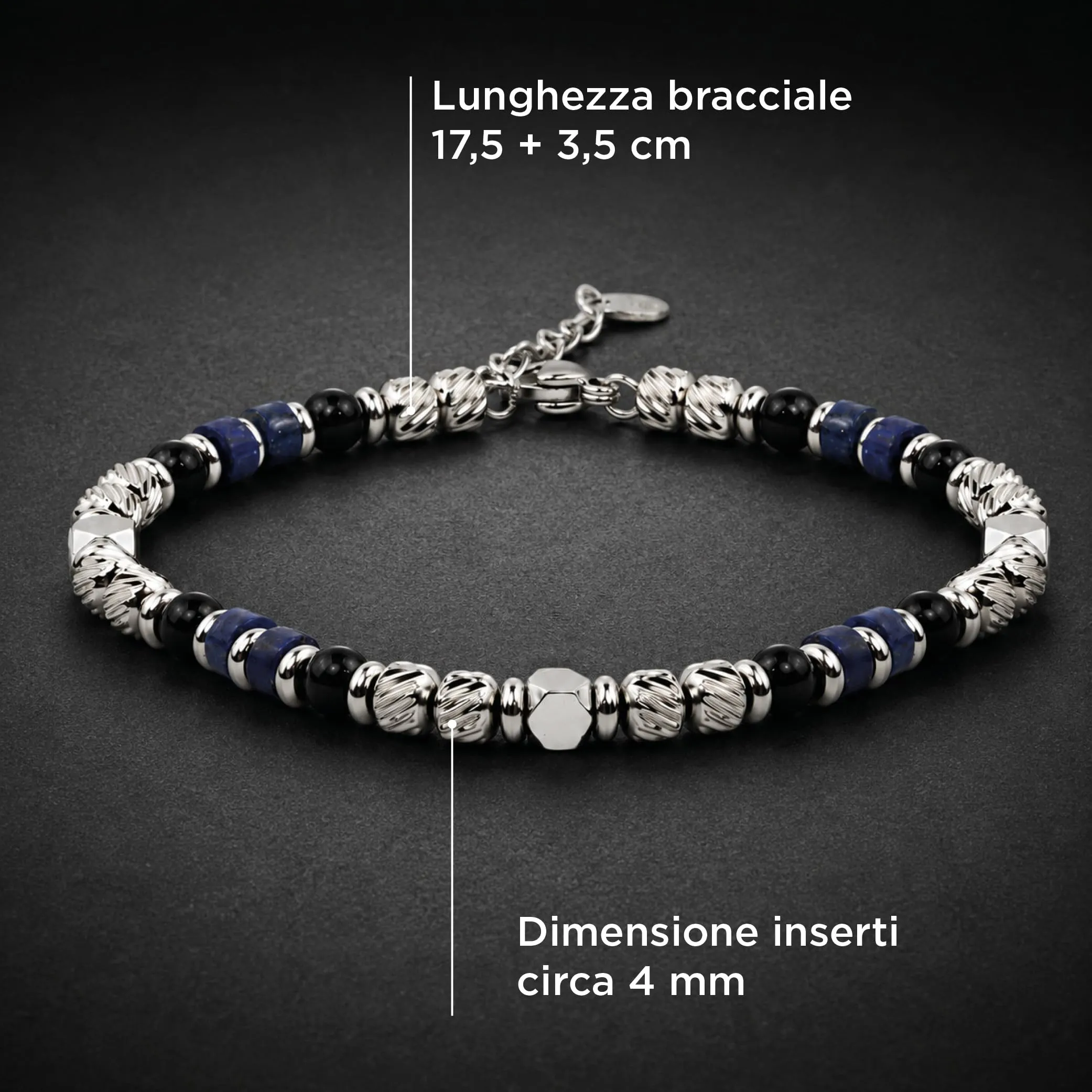 SAGA GIOIELLI Bracciale Uomo Acciaio Inossidabile con Pietre Naturali, Braccialetto Elegante Regolabile 17,5 + 3,5 cm, Idea Regalo Uomo (BLU OCEANO) - immagine 5