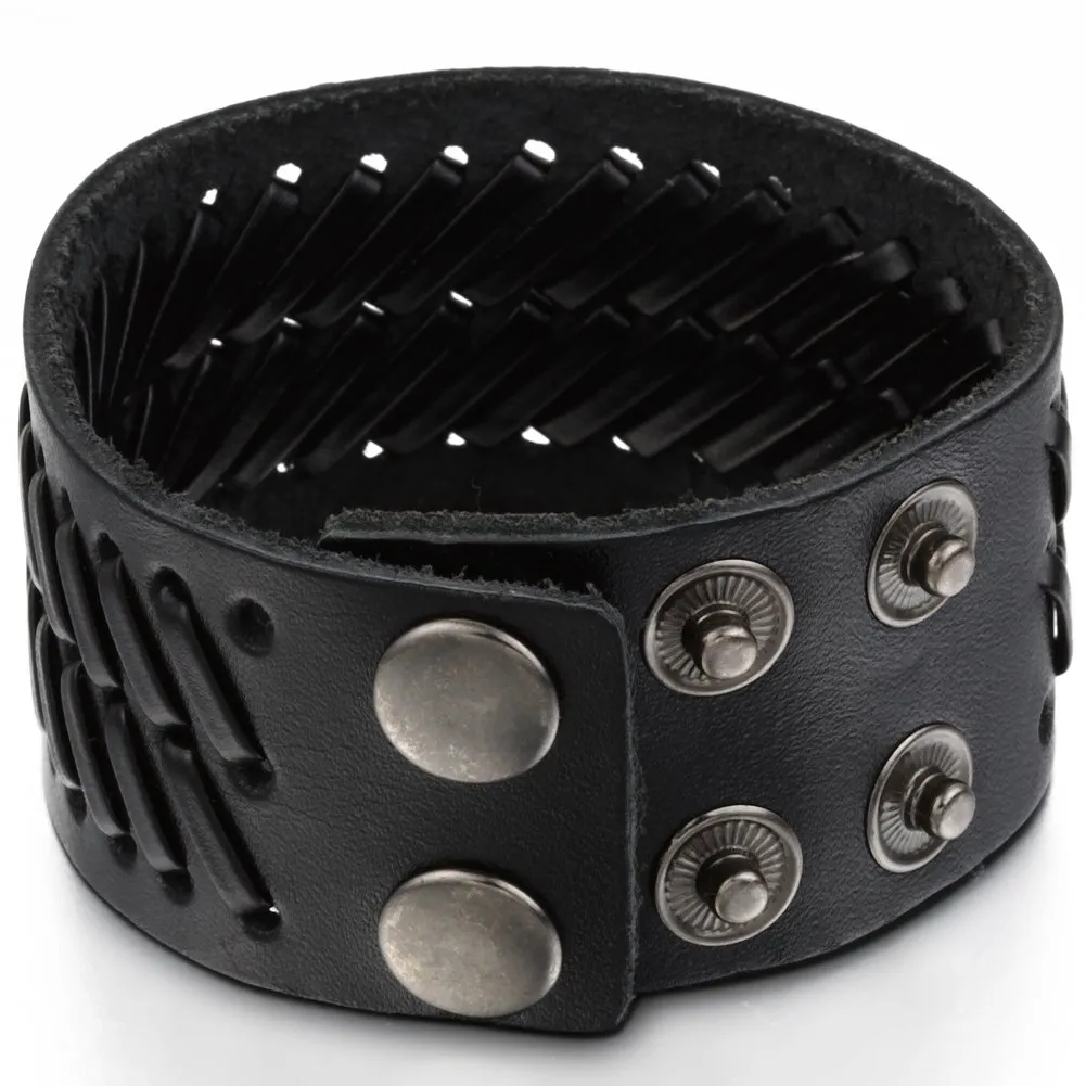 JewelryWe Bracciale da Uomo Donna Unisex Largo di Pelle PU Regolabile Colore Marrone Nero - immagine 2