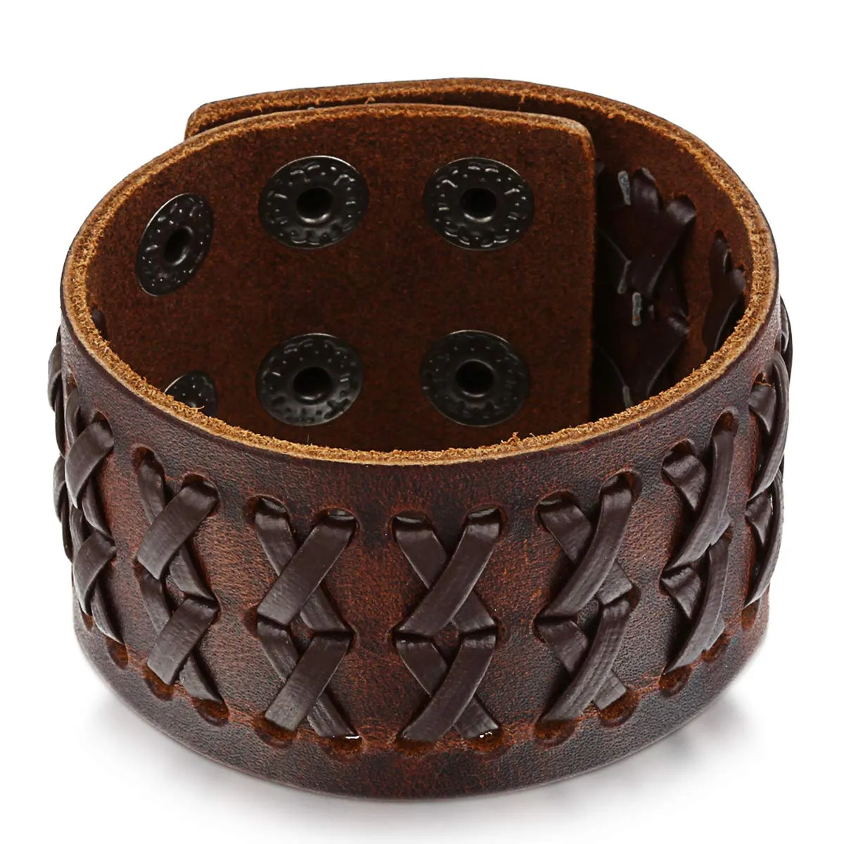 JewelryWe Bracciale da Uomo Donna Unisex Largo di Pelle PU Regolabile Colore Marrone Nero - immagine 2