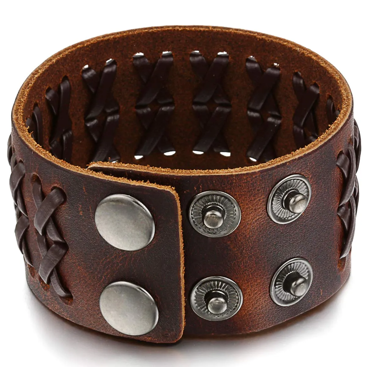 JewelryWe Bracciale da Uomo Donna Unisex Largo di Pelle PU Regolabile Colore Marrone Nero - immagine 3