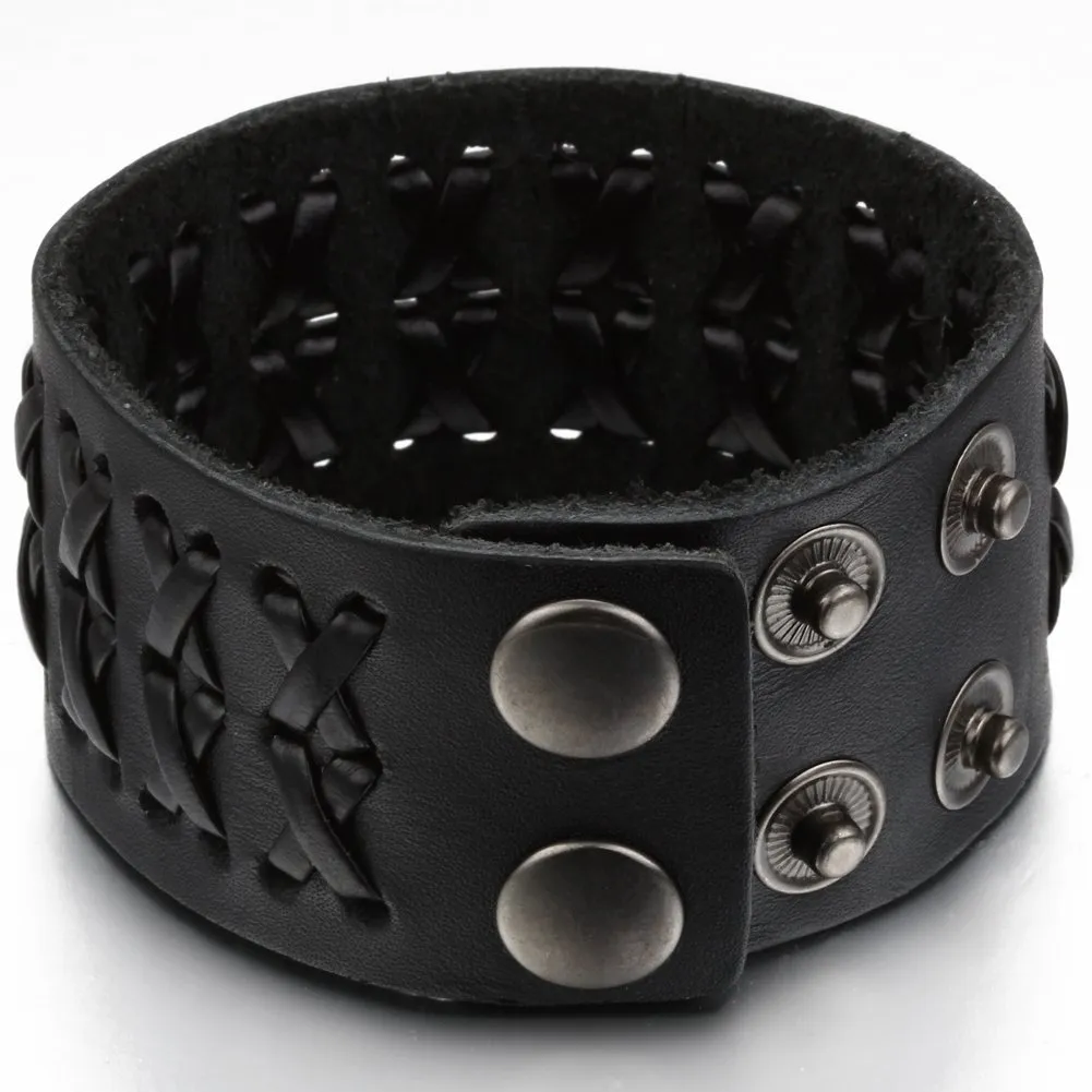 JewelryWe Bracciale da Uomo Donna Unisex Largo di Pelle PU Regolabile Colore Marrone Nero - immagine 2