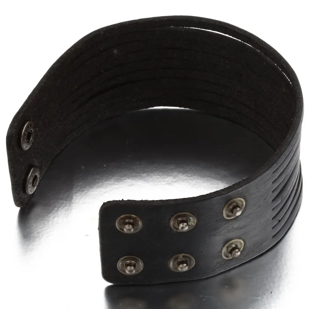 JewelryWe Bracciale da Uomo Donna Unisex Largo di Pelle PU Regolabile Colore Marrone Nero - immagine 2