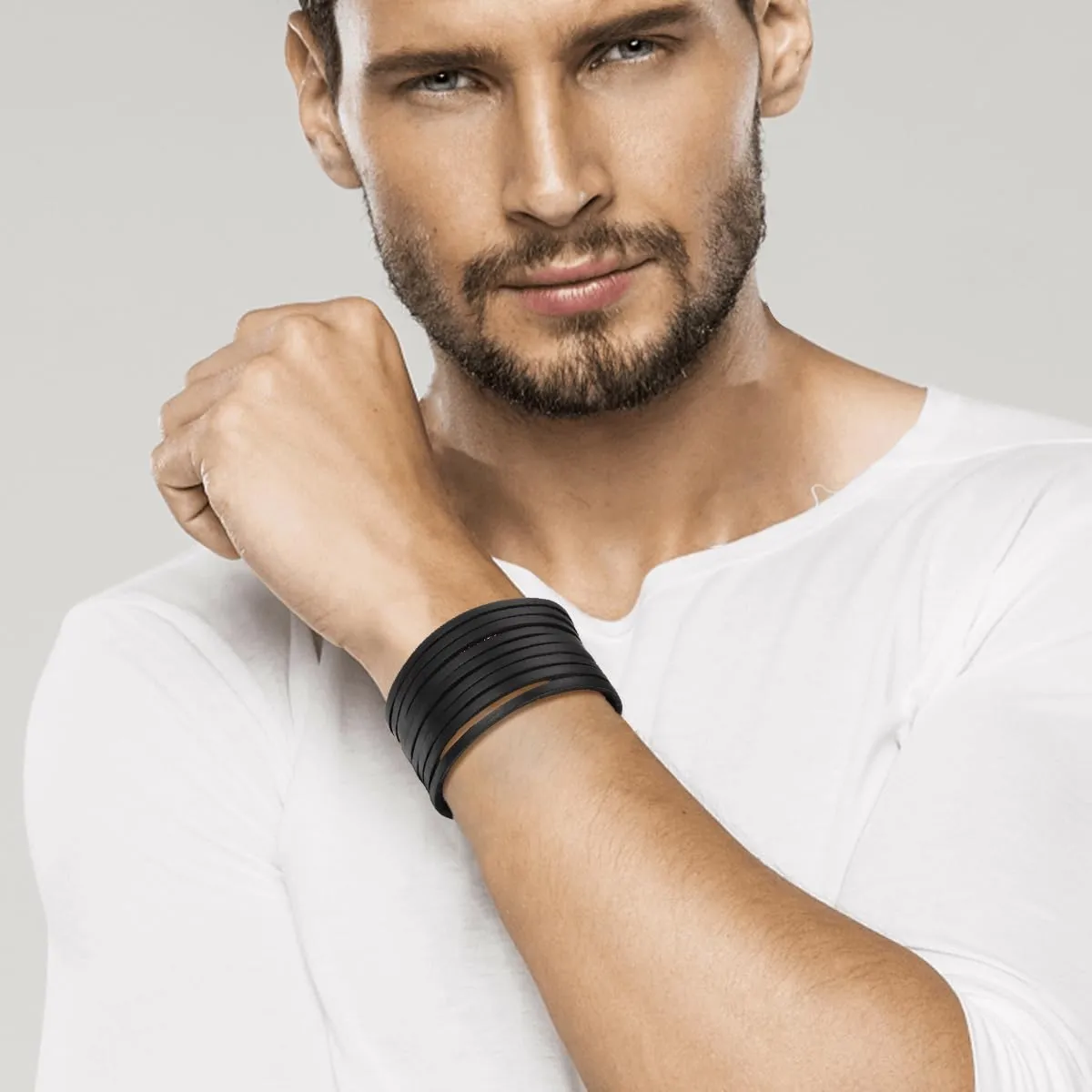 JewelryWe Bracciale da Uomo Donna Unisex Largo di Pelle PU Regolabile Colore Marrone Nero - immagine 3