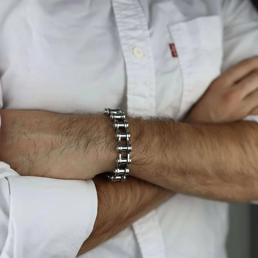 COOLSTEELANDBEYOND Classico - Bracciale da Uomo, Catena di Bicicletta, Acciaio Inossidabile, Colore Argento, Lucidato a Specchio - immagine 2