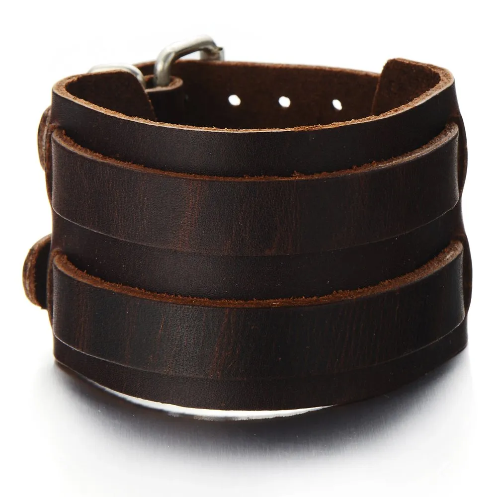 Grande, Uomo Braccialetto di Cuoio, Bracciale Vera Pelle Marrone, Fascia di Polso, con Fibbia Ardiglione - immagine 1
