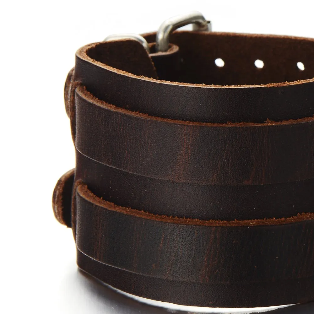 Grande, Uomo Braccialetto di Cuoio, Bracciale Vera Pelle Marrone, Fascia di Polso, con Fibbia Ardiglione - immagine 3